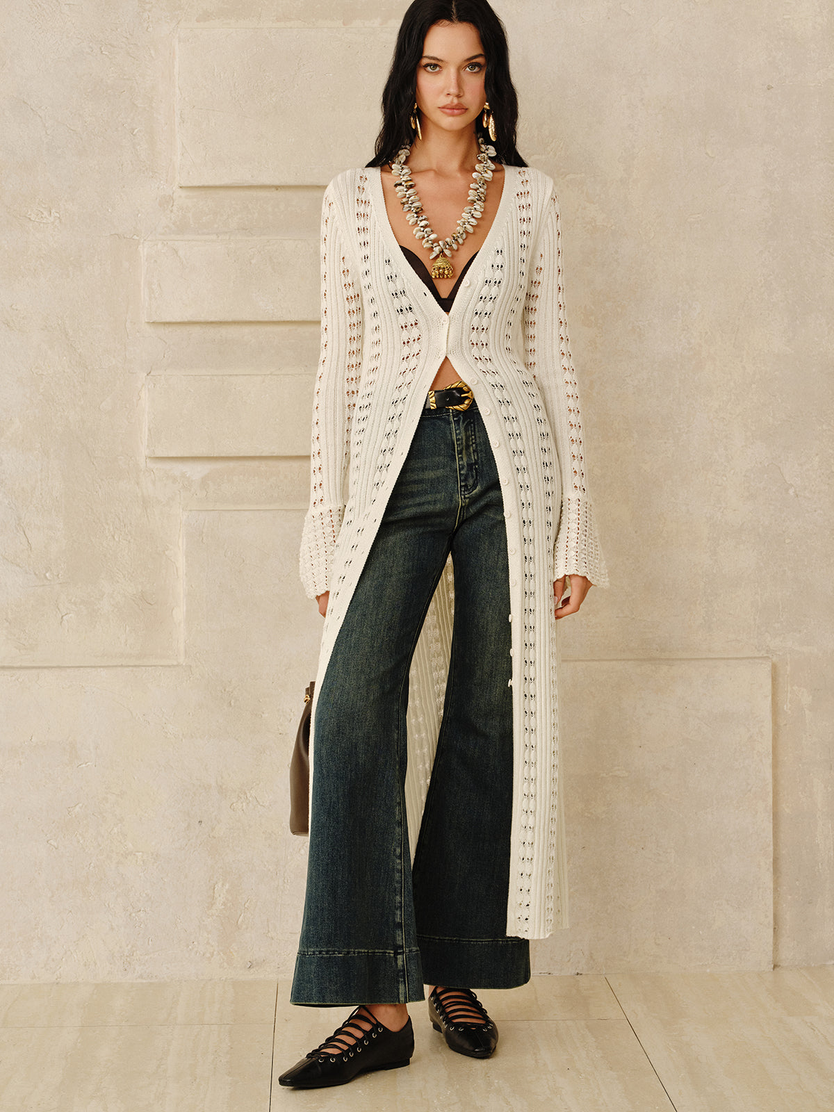 Longline Button Open-Knit Outerwear