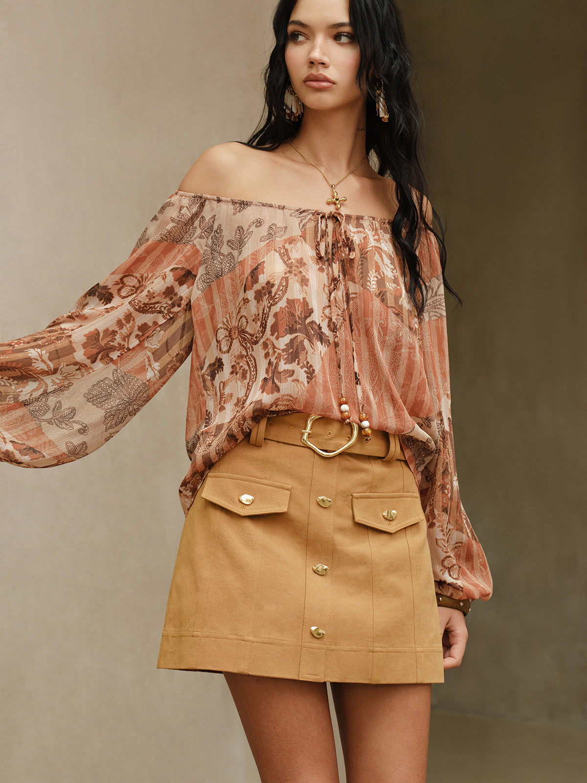 Metal Button Belted Mini Skirt with Decor Pocket