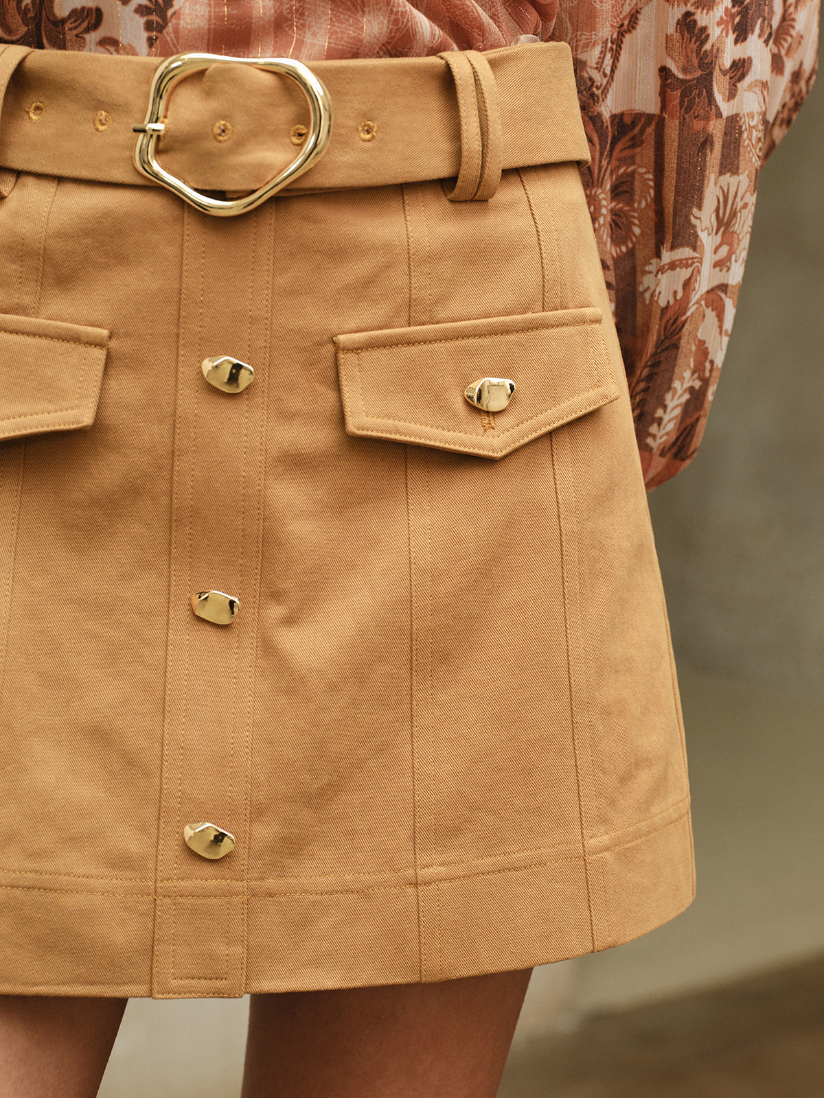 Metal Button Belted Mini Skirt with Decor Pocket