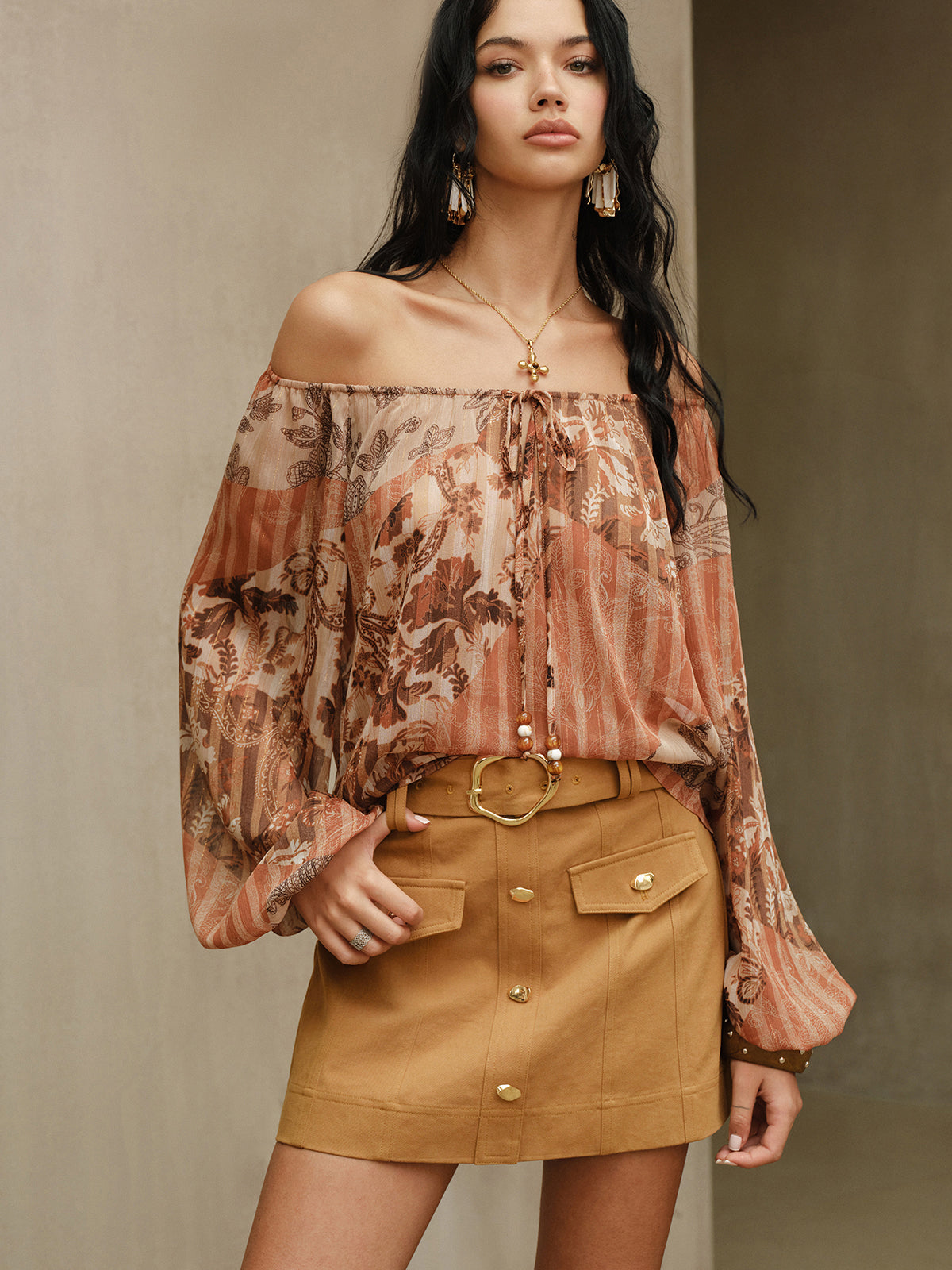 Boho Print Semi-Sheer Chiffon Tie-Front Blouse