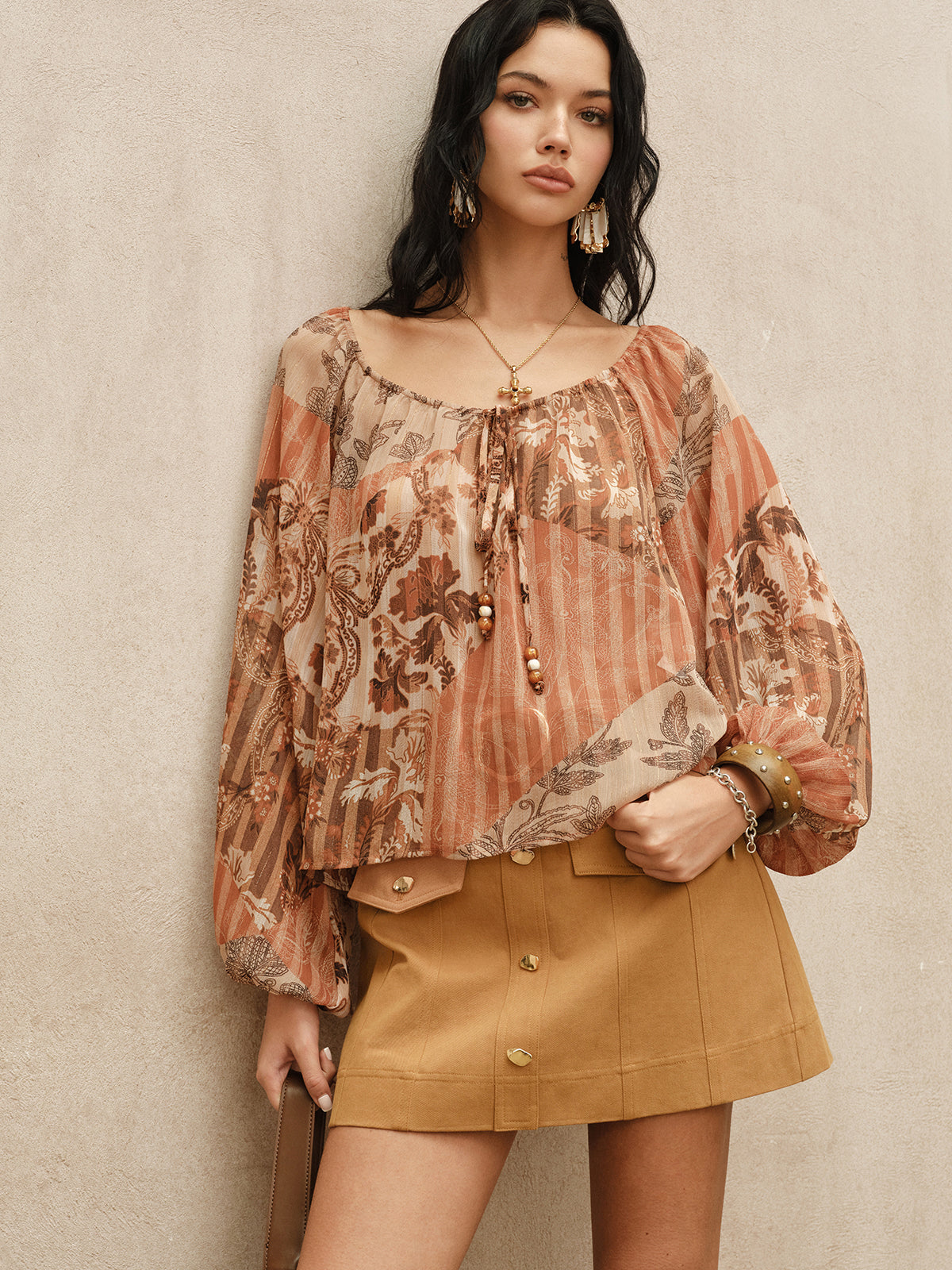 Boho Print Semi-Sheer Chiffon Tie-Front Blouse