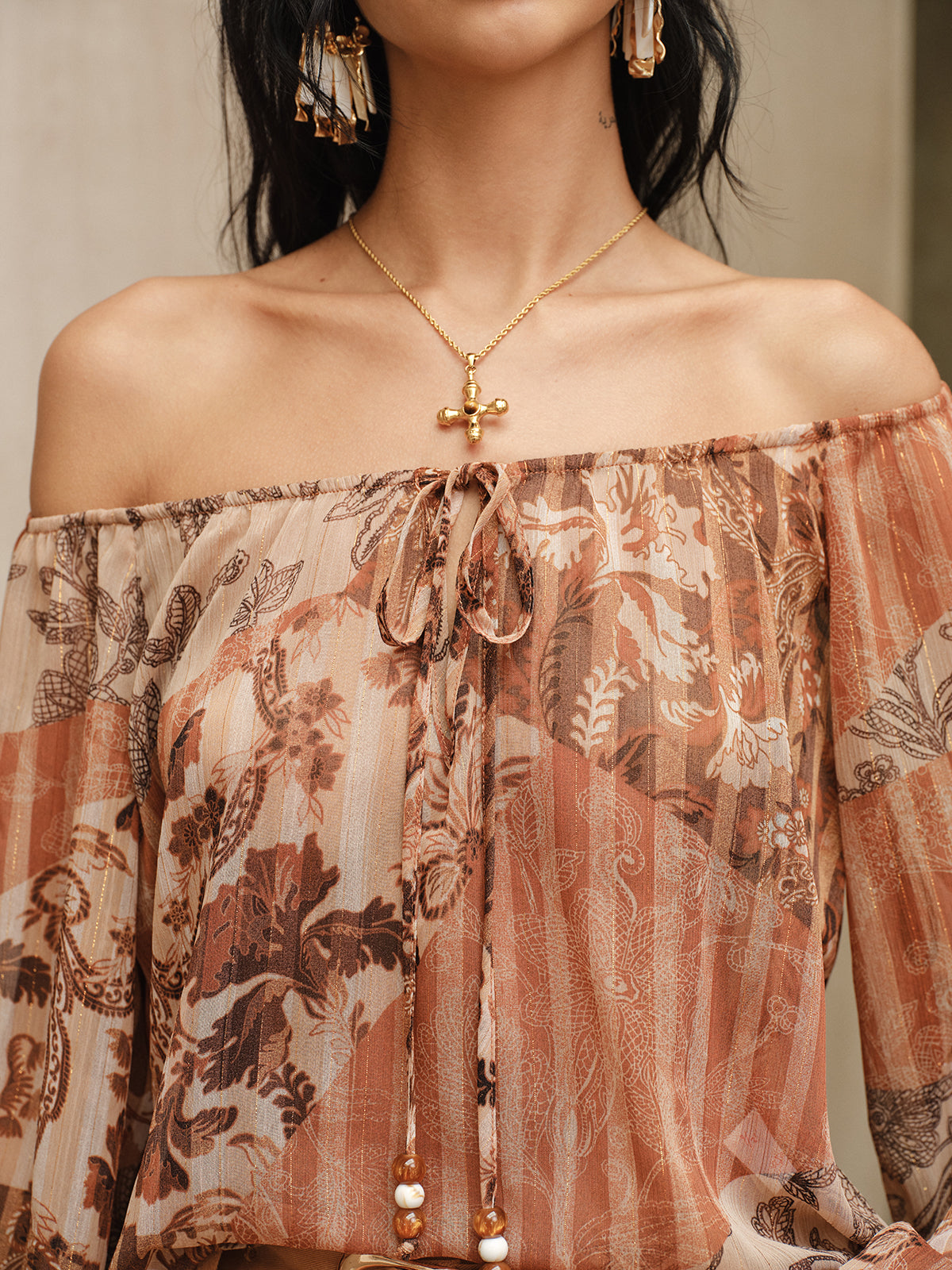 Boho Print Semi-Sheer Chiffon Tie-Front Blouse