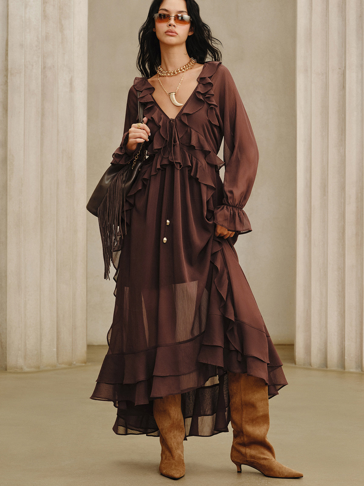 Ruffled Chiffon Maxi Dress Set with Cami Dress Liner