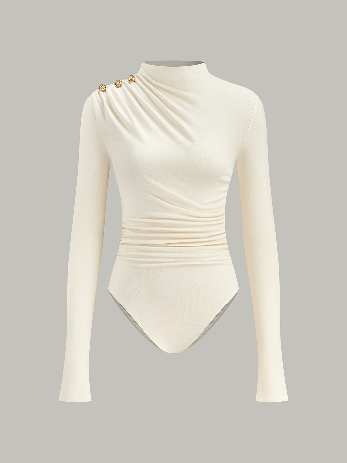 Ruched Shoulder-Decor Long Sleeve Bodysuit
