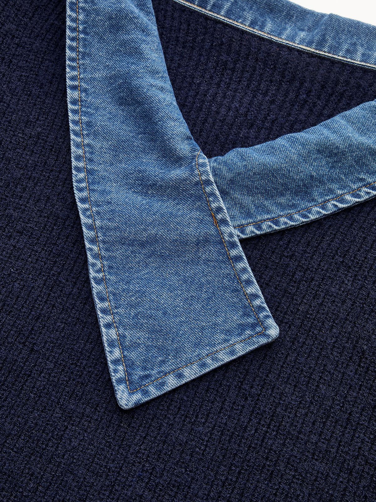 Denim Panel Asymmetric V-Neck Knit Top