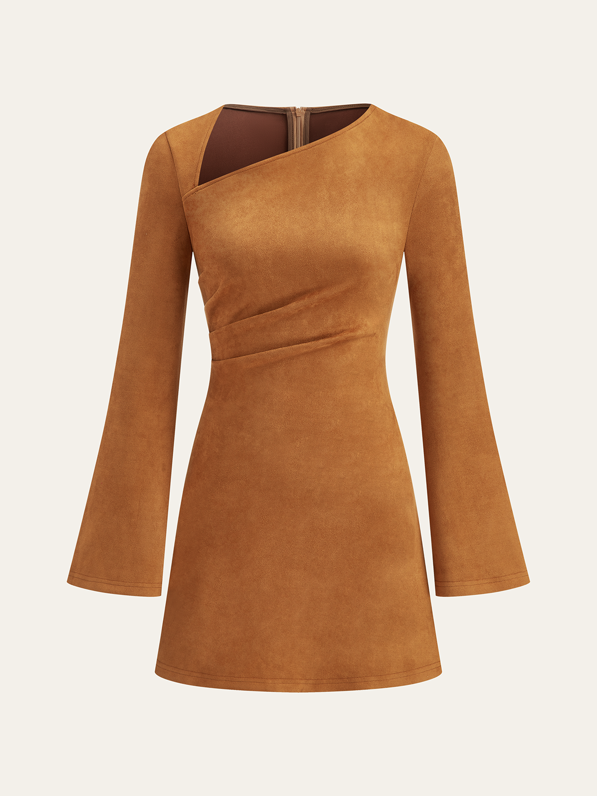 Asymmetrisches gerafftes Wildlederimitat-Minikleid mit langen Ärmeln