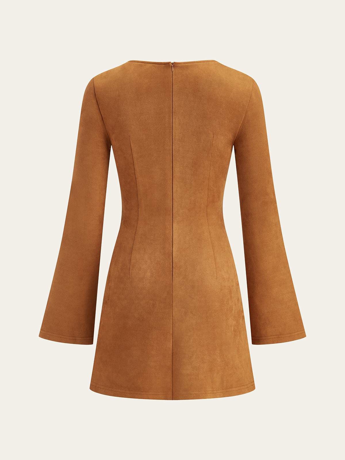Asymmetrisches gerafftes Wildlederimitat-Minikleid mit langen Ärmeln