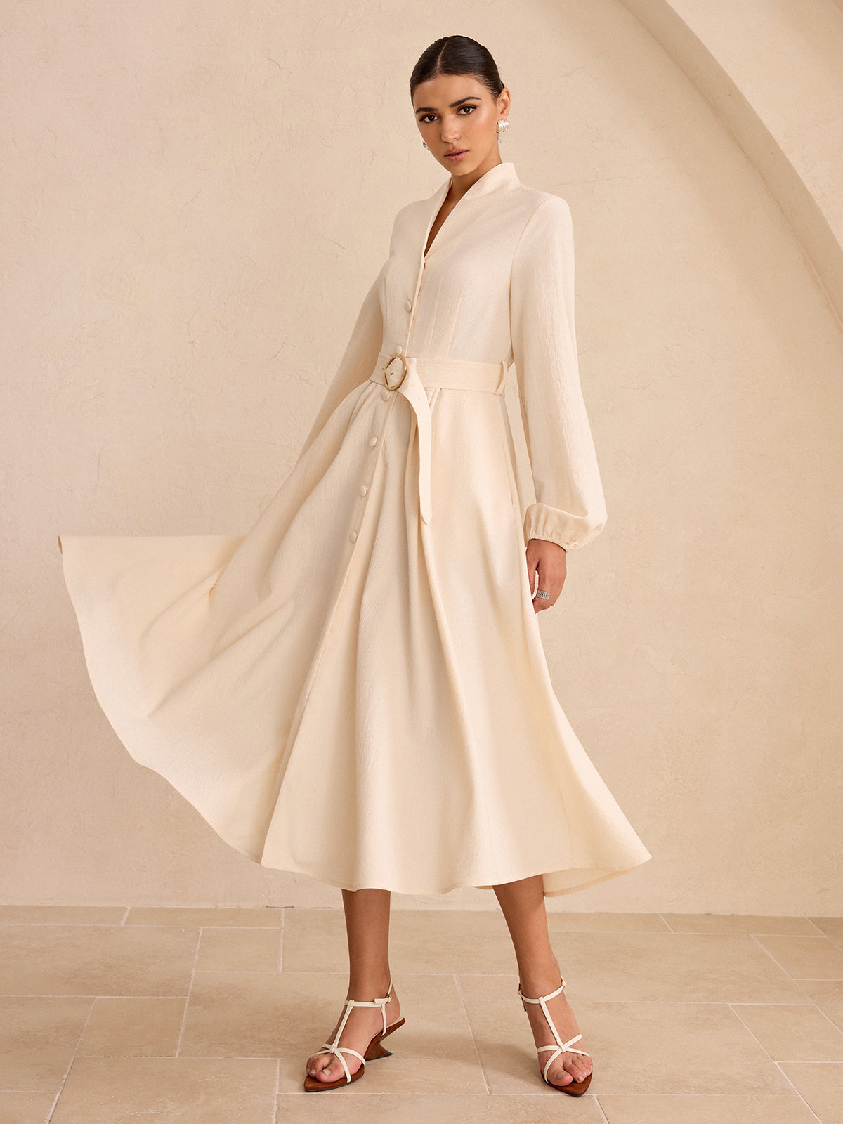 Belted Button-Front Long-Sleeve Midi Dress