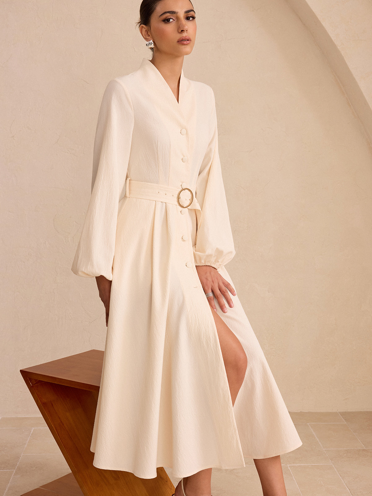 Belted Button-Front Long-Sleeve Midi Dress