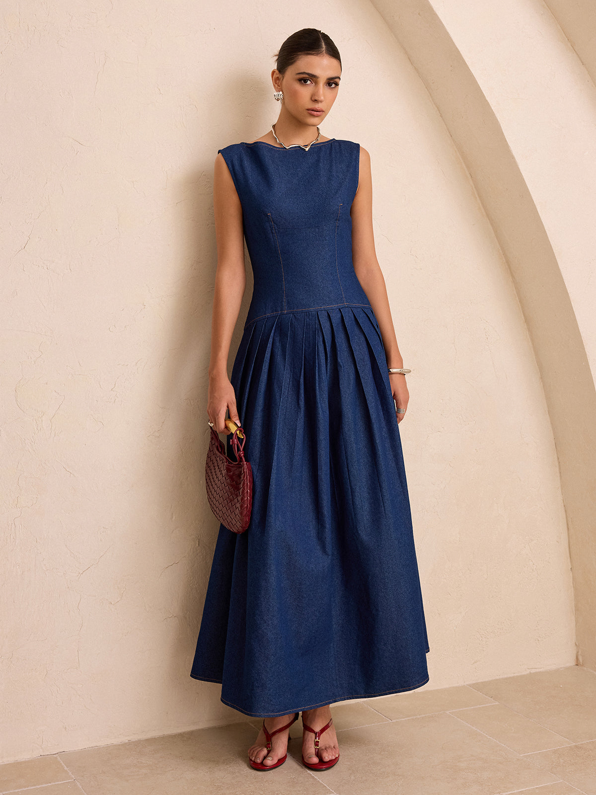 Robe longue plissée sans manches imitation jean