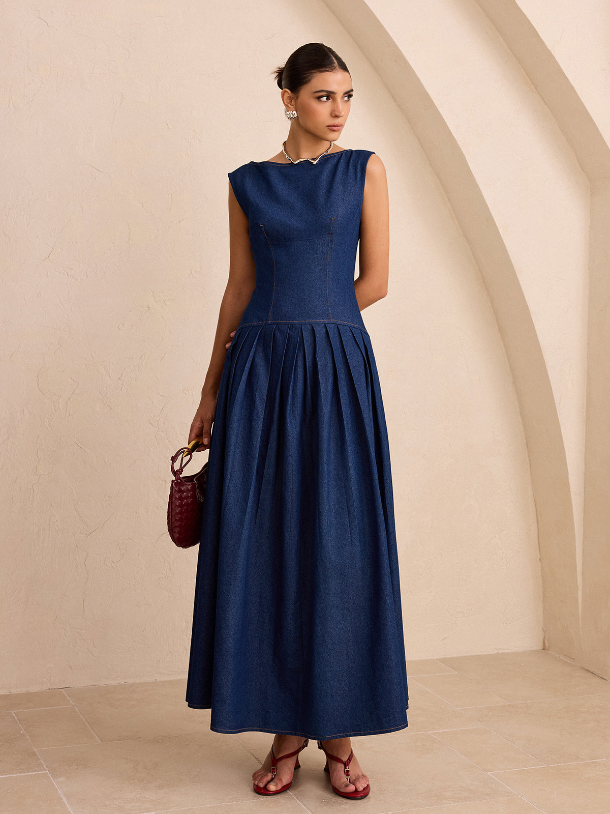 Robe longue plissée sans manches imitation jean
