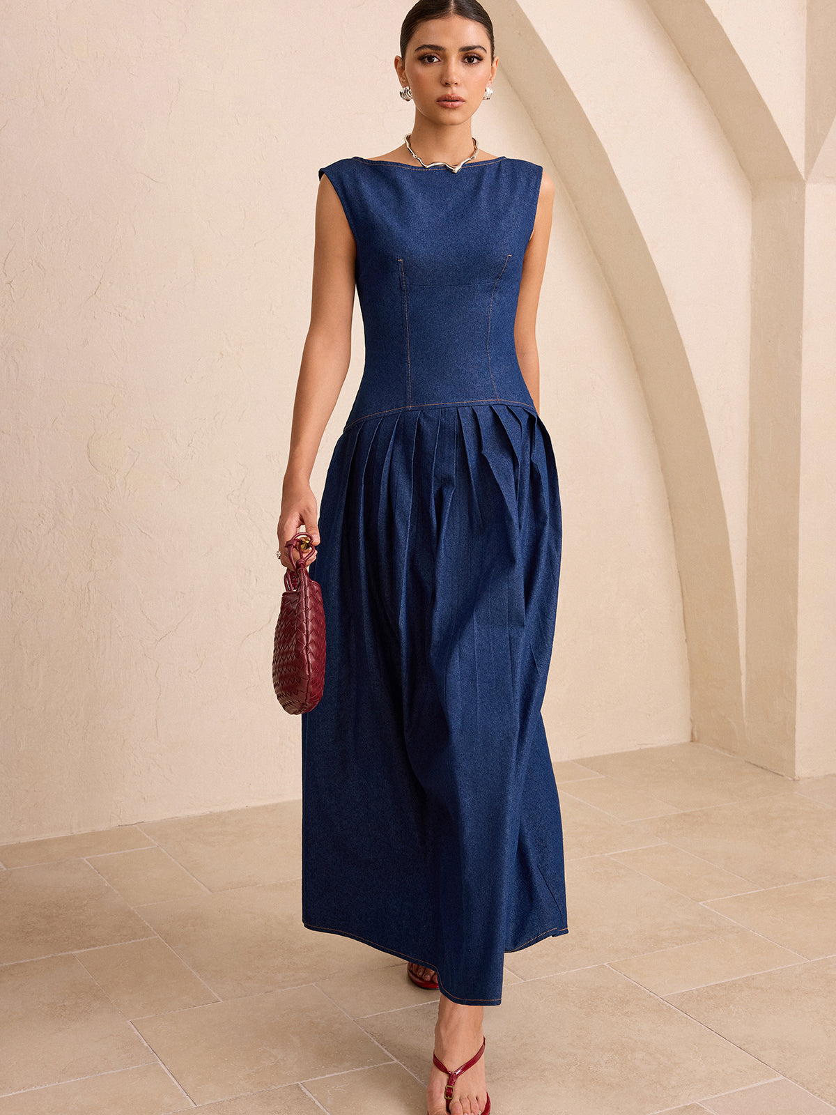 Robe longue plissée sans manches imitation jean