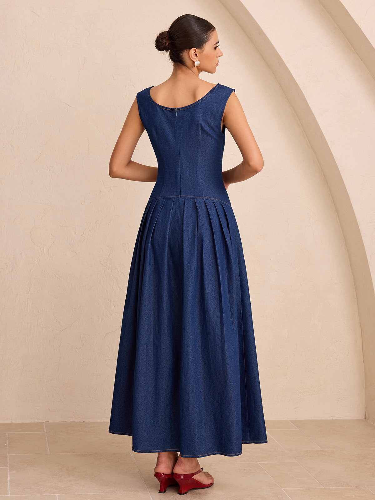 Robe longue plissée sans manches imitation jean