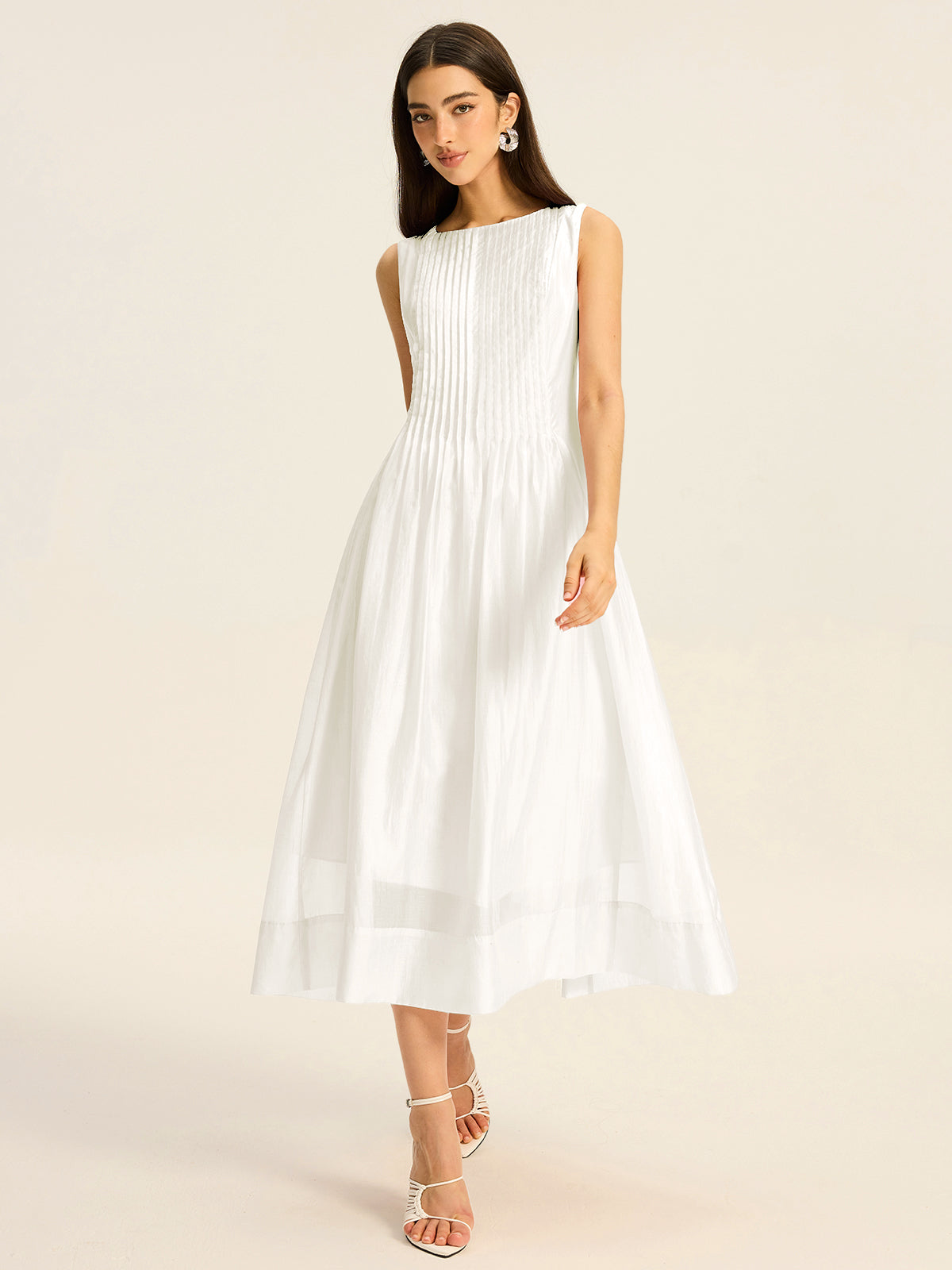 Robe midi plissée sans manches en Tencel semi-transparent