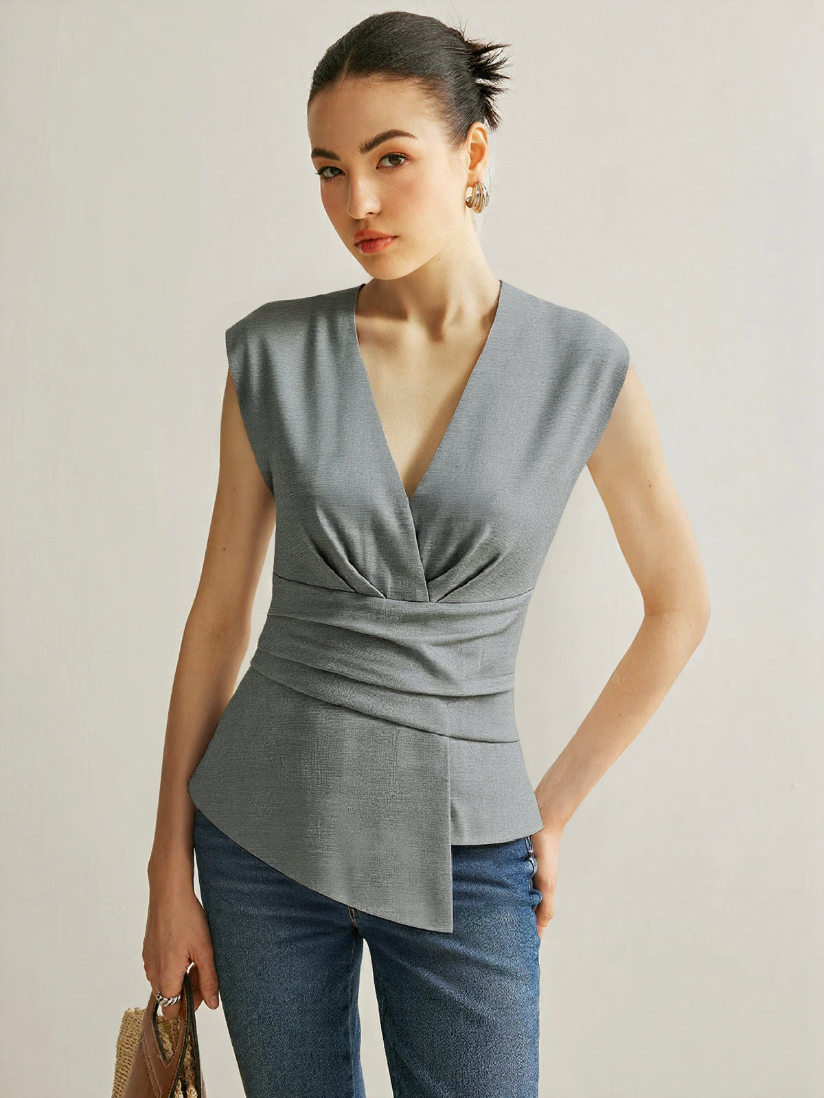 Ruched Waist V-Neck Asymmetric Top