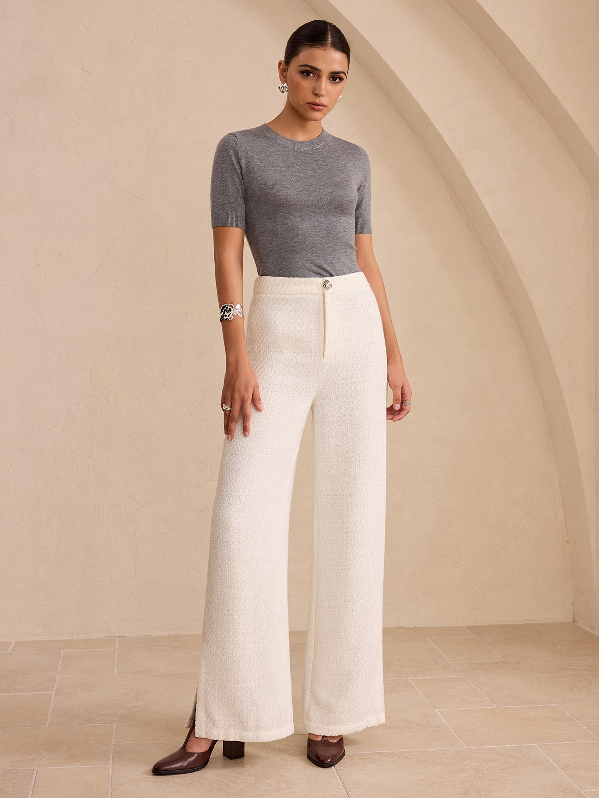 Tweed Side Slit Wide-Leg Pants