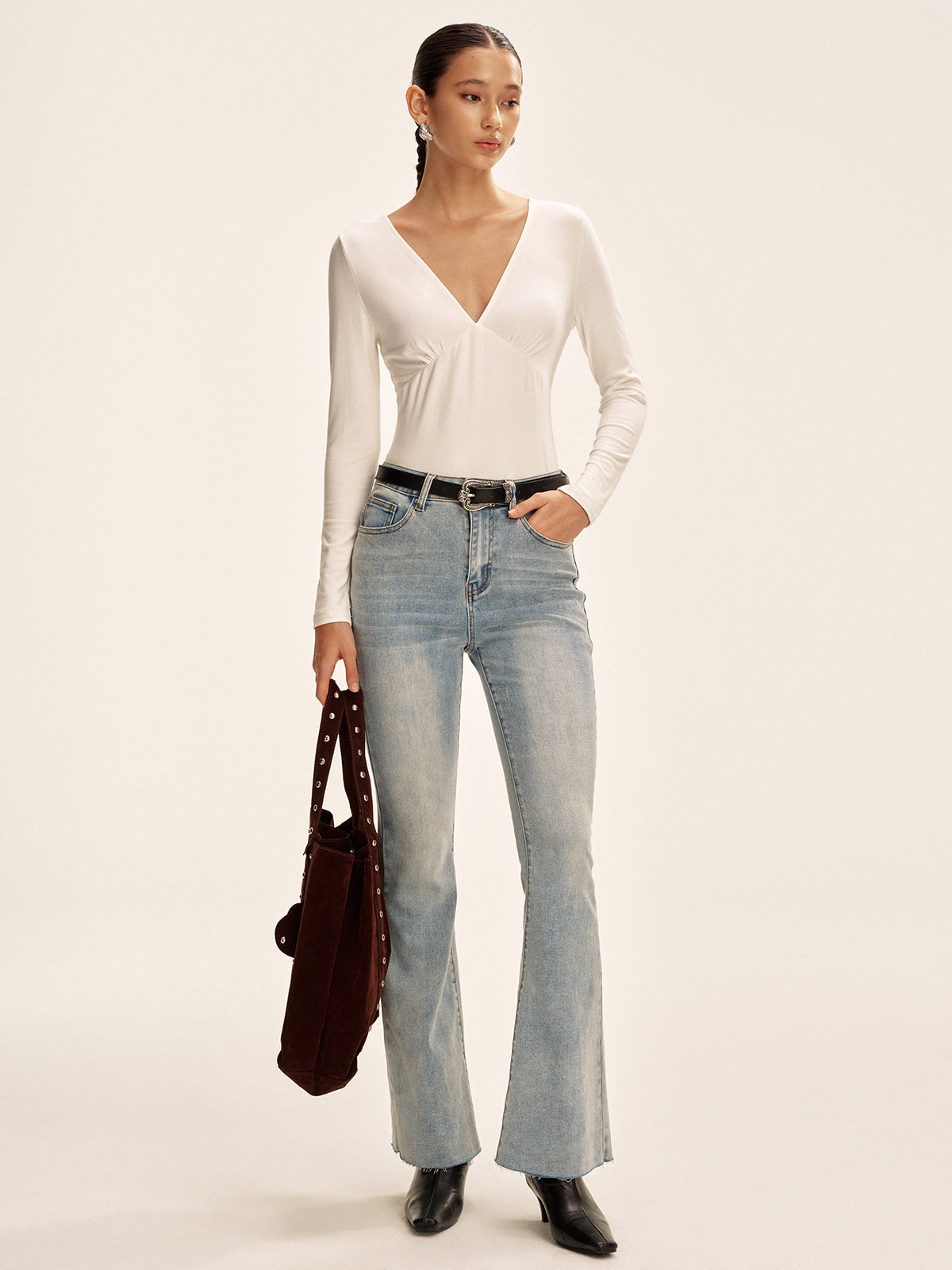 V-Neck Long Sleeve Fitted T-Shirt