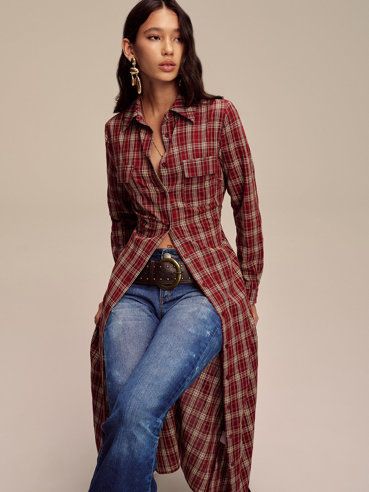 Robe chemise boutonnée à carreaux