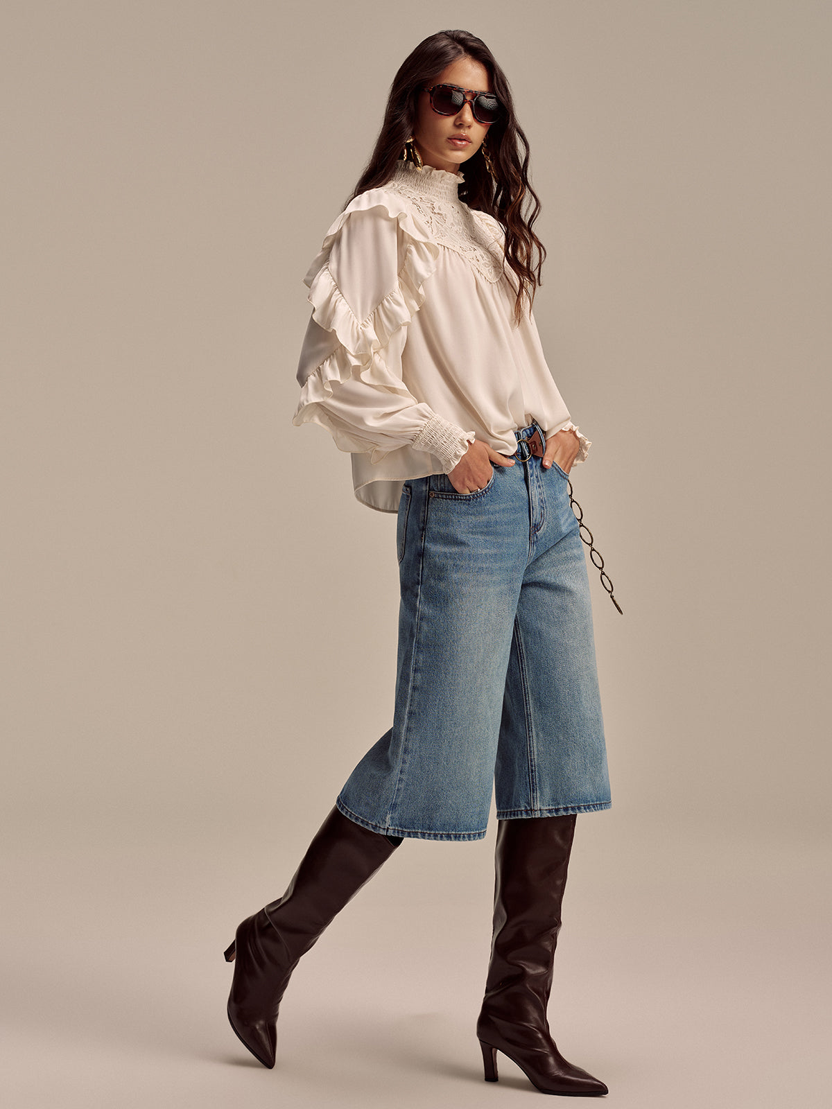 Embroidered Mock Neck Ruffled Blouse