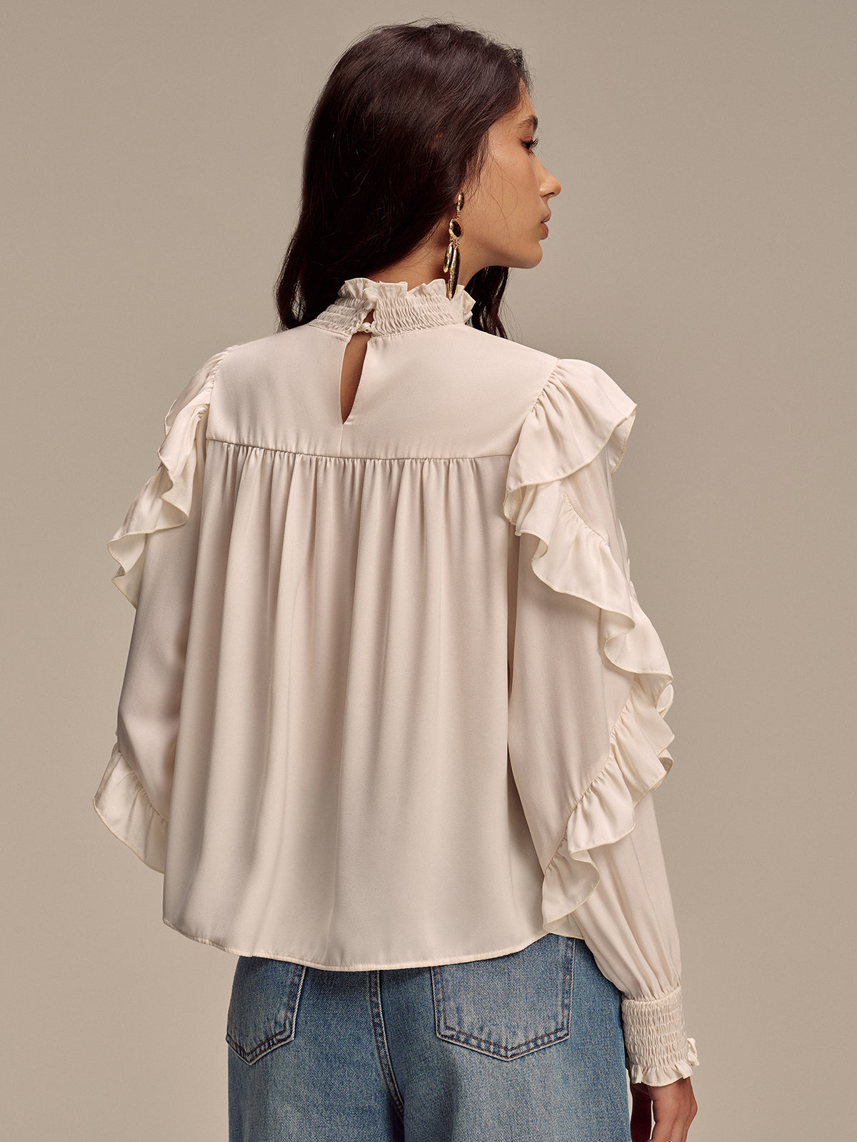 Embroidered Mock Neck Ruffled Blouse