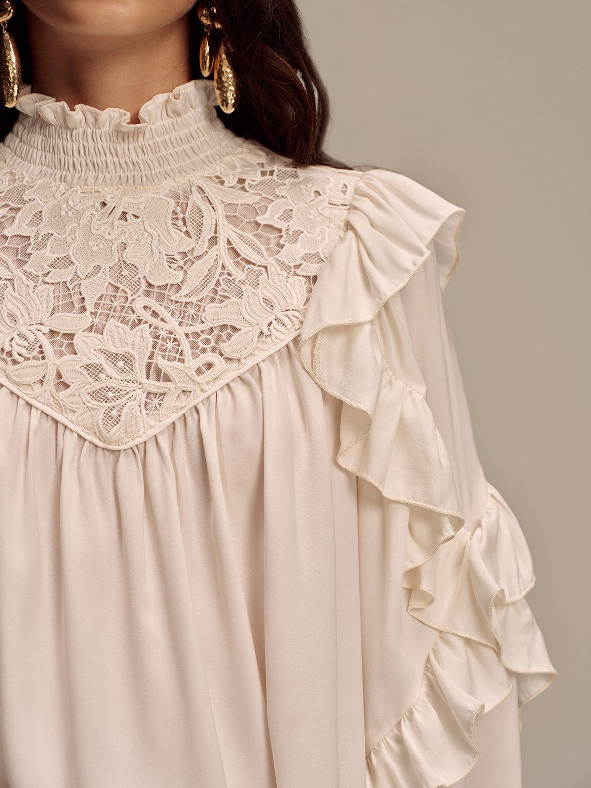 Embroidered Mock Neck Ruffled Blouse