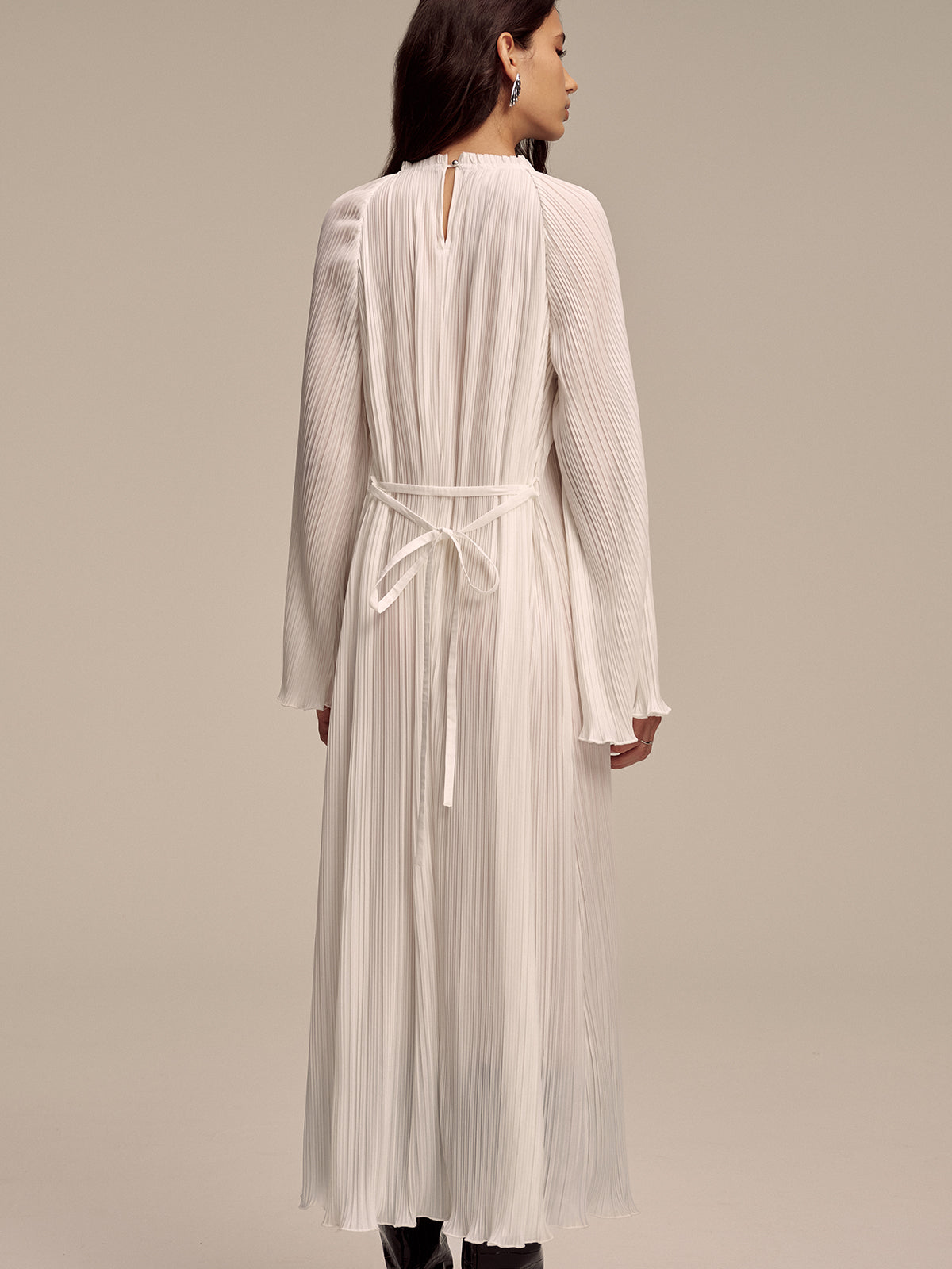 Metal Collar Pleated Long-Sleeve Maxi Dress