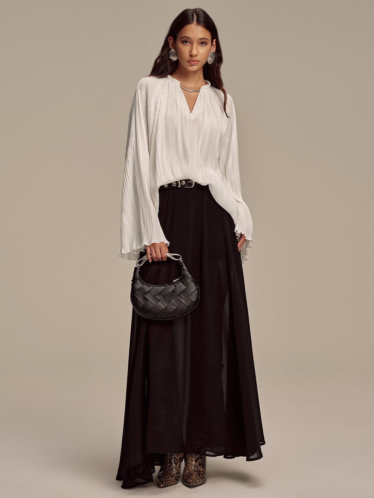 Metal Collar Pleated Long-Sleeve Blouse