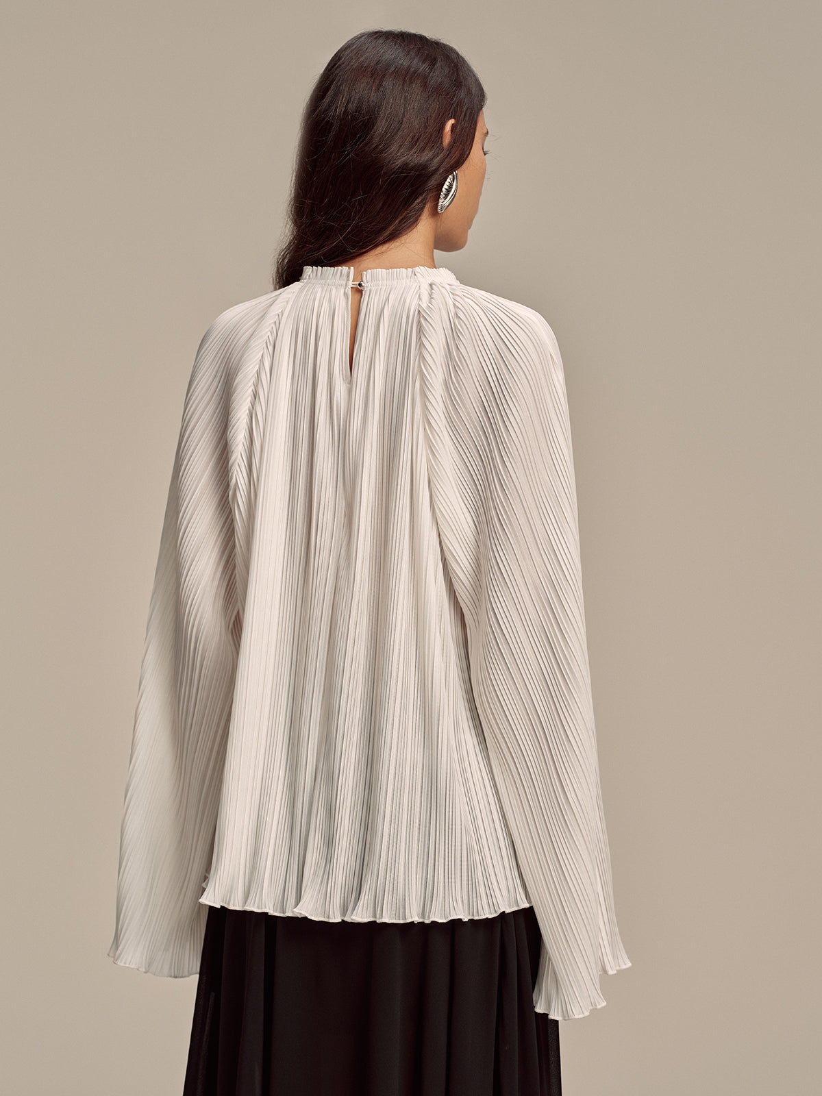 Metal Collar Pleated Long-Sleeve Blouse