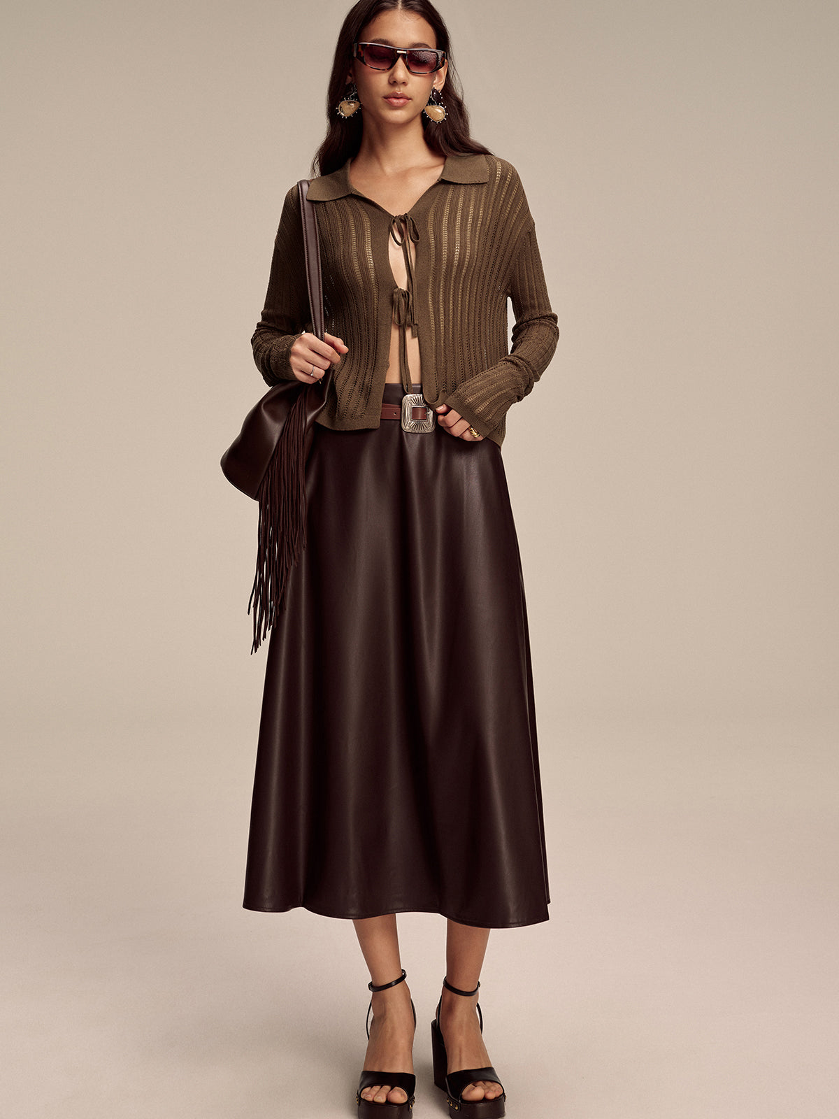 Polo Collar Tie-Front Knit Cardigan