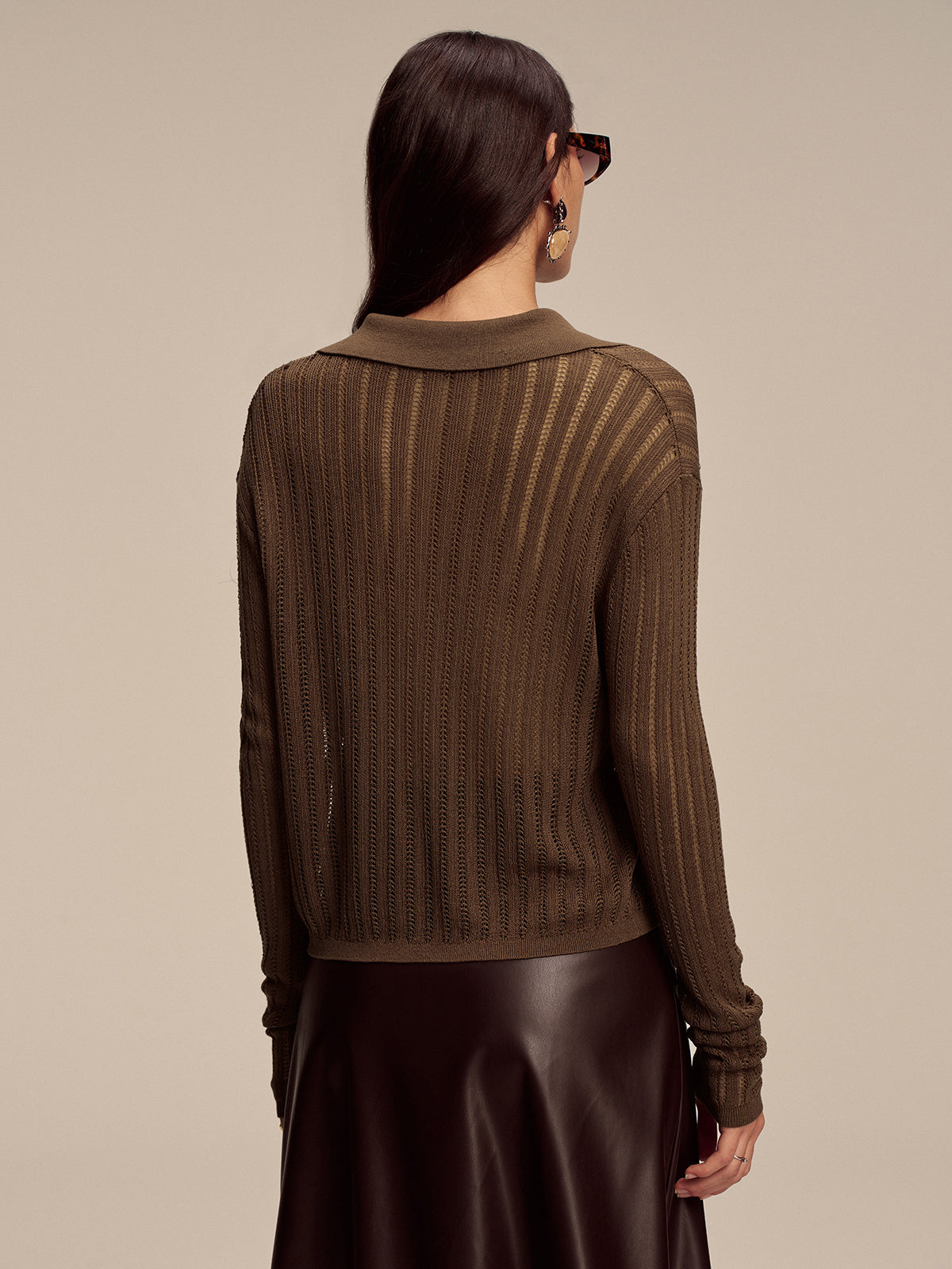 Polo Collar Tie-Front Knit Cardigan