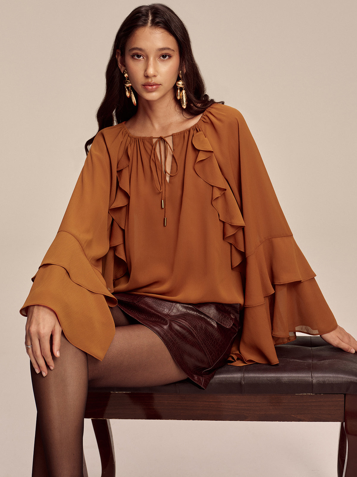 Chiffon Ruffled Tiered Sleeve Tie-Neck Blouse