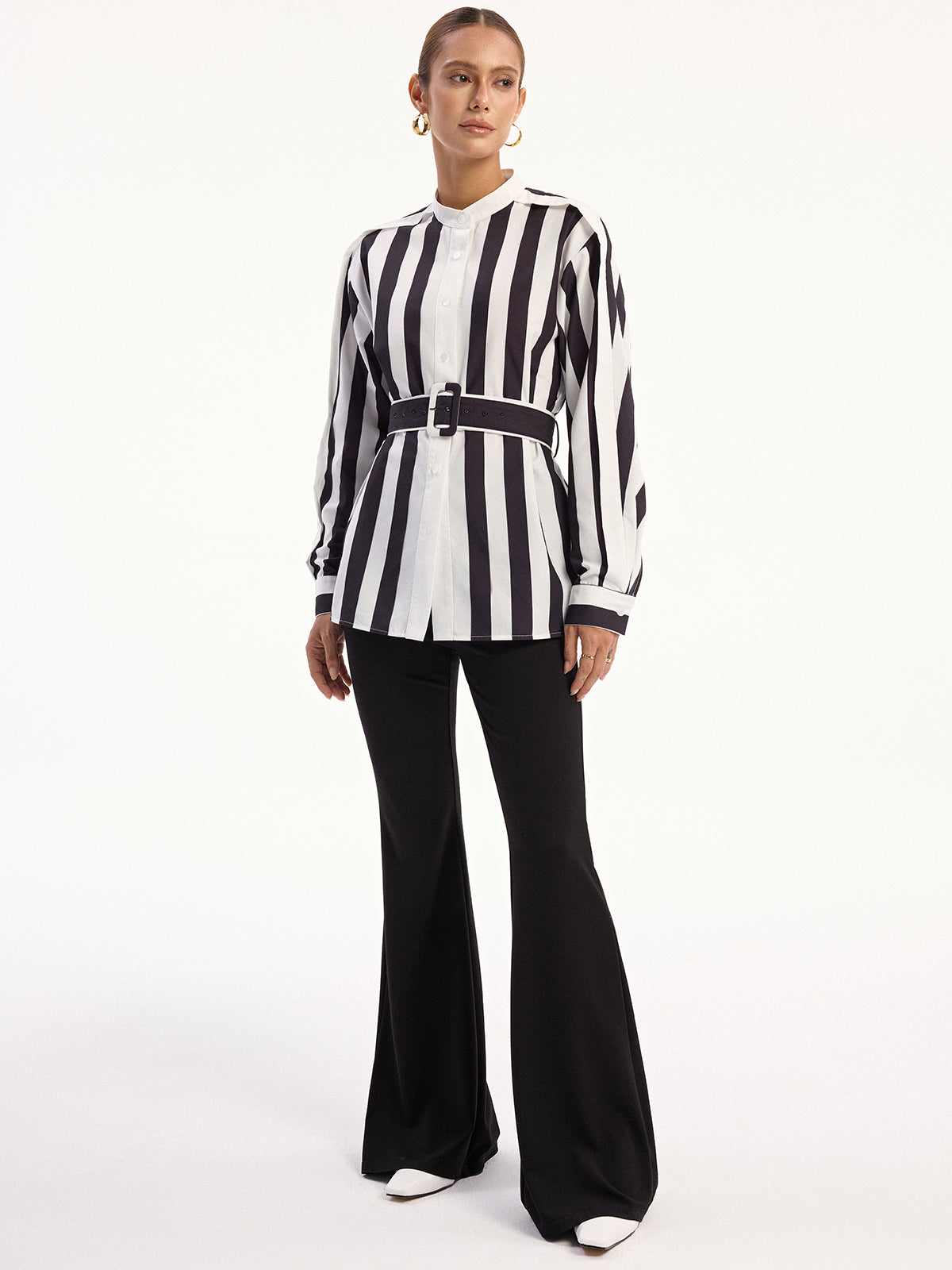 Contrast Striped Belted Shirt