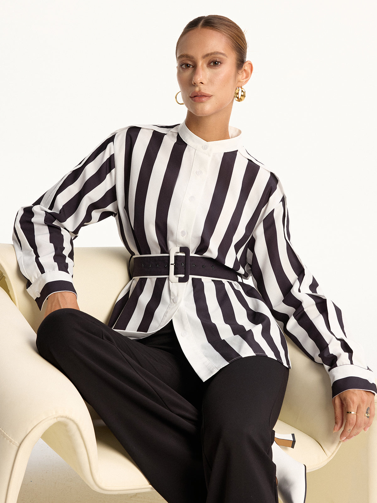 Contrast Striped Belted Shirt