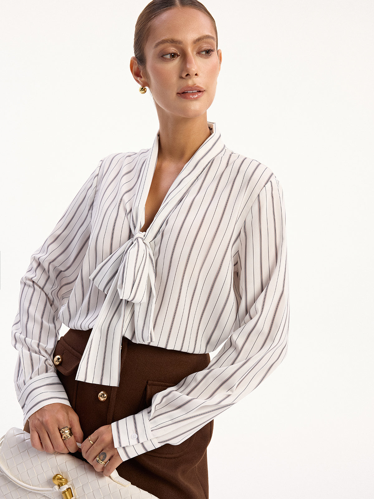 Striped Tie-Neck Long Sleeve Shirt