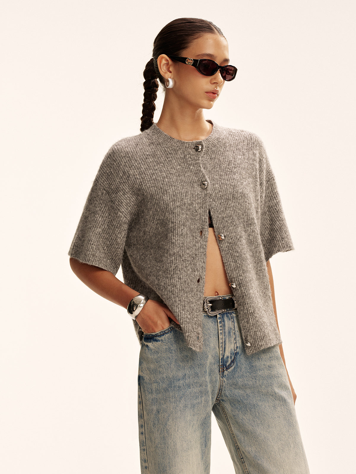 Wool-Blend Short-Sleeved Cardigan