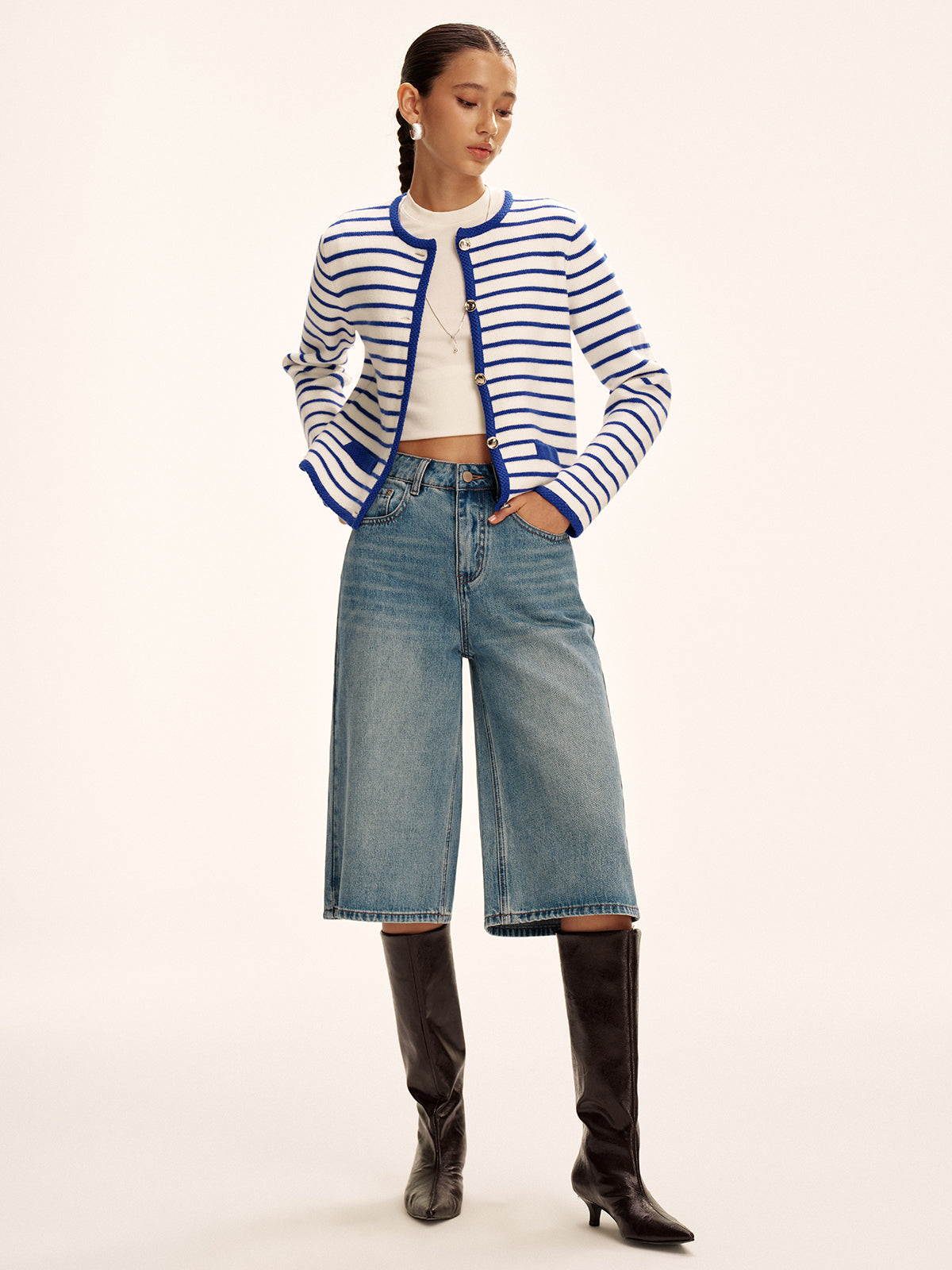 Striped Contrast Trim Knit Cardigan