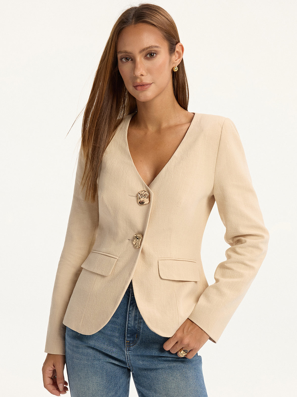 Blazer col V en lin et coton à boutons métalliques