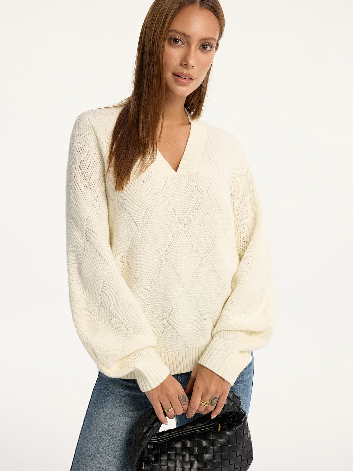 Wool-Blend Argyle Textured V-Neck Sweater