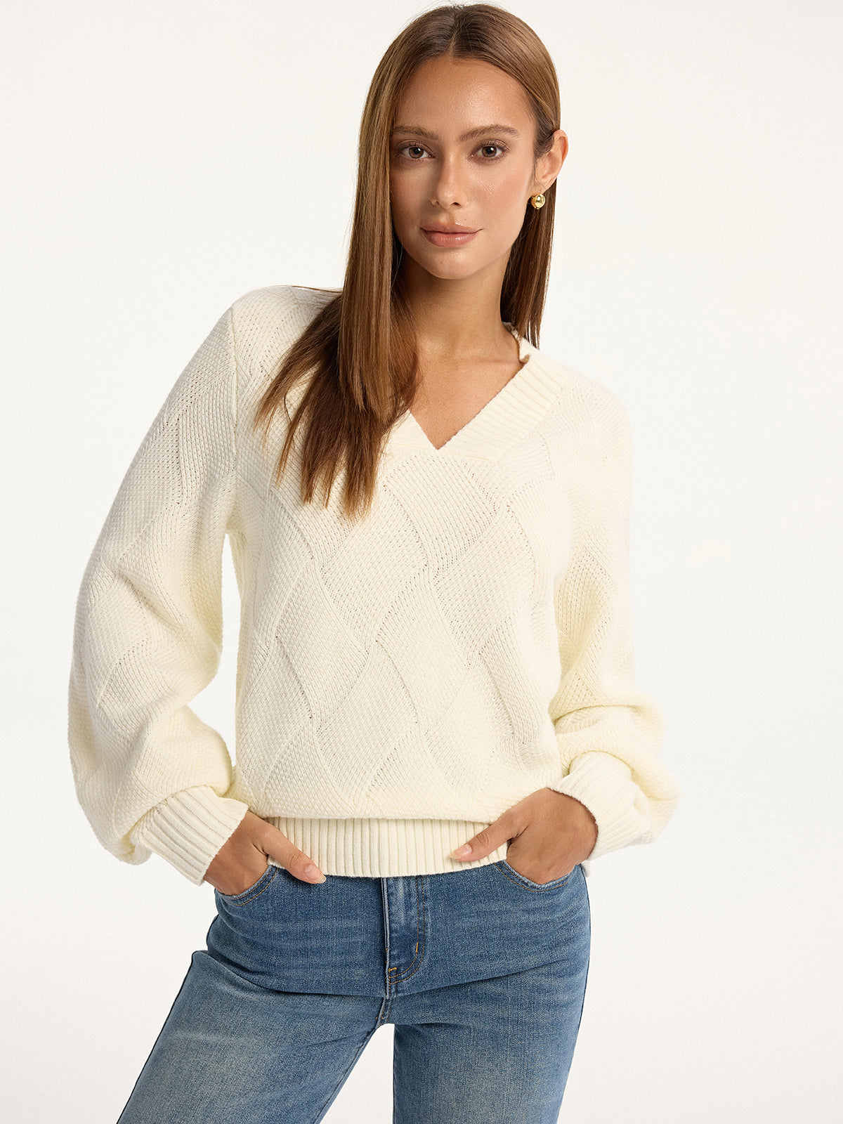 V-Ausschnitt-Pullover aus Wollmischung mit Argyle-Struktur