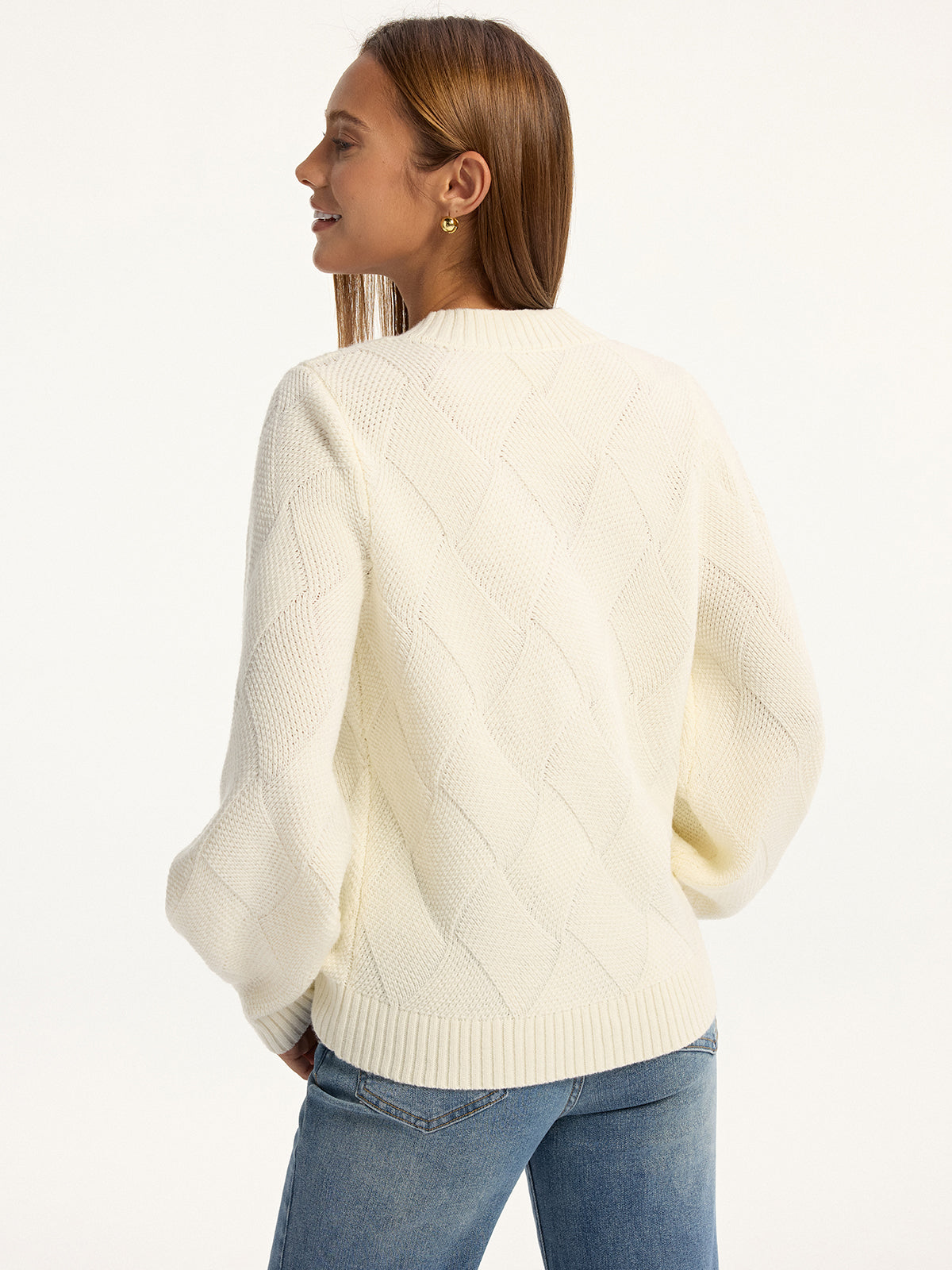 Pull col en V texturé losanges en mélange de laine