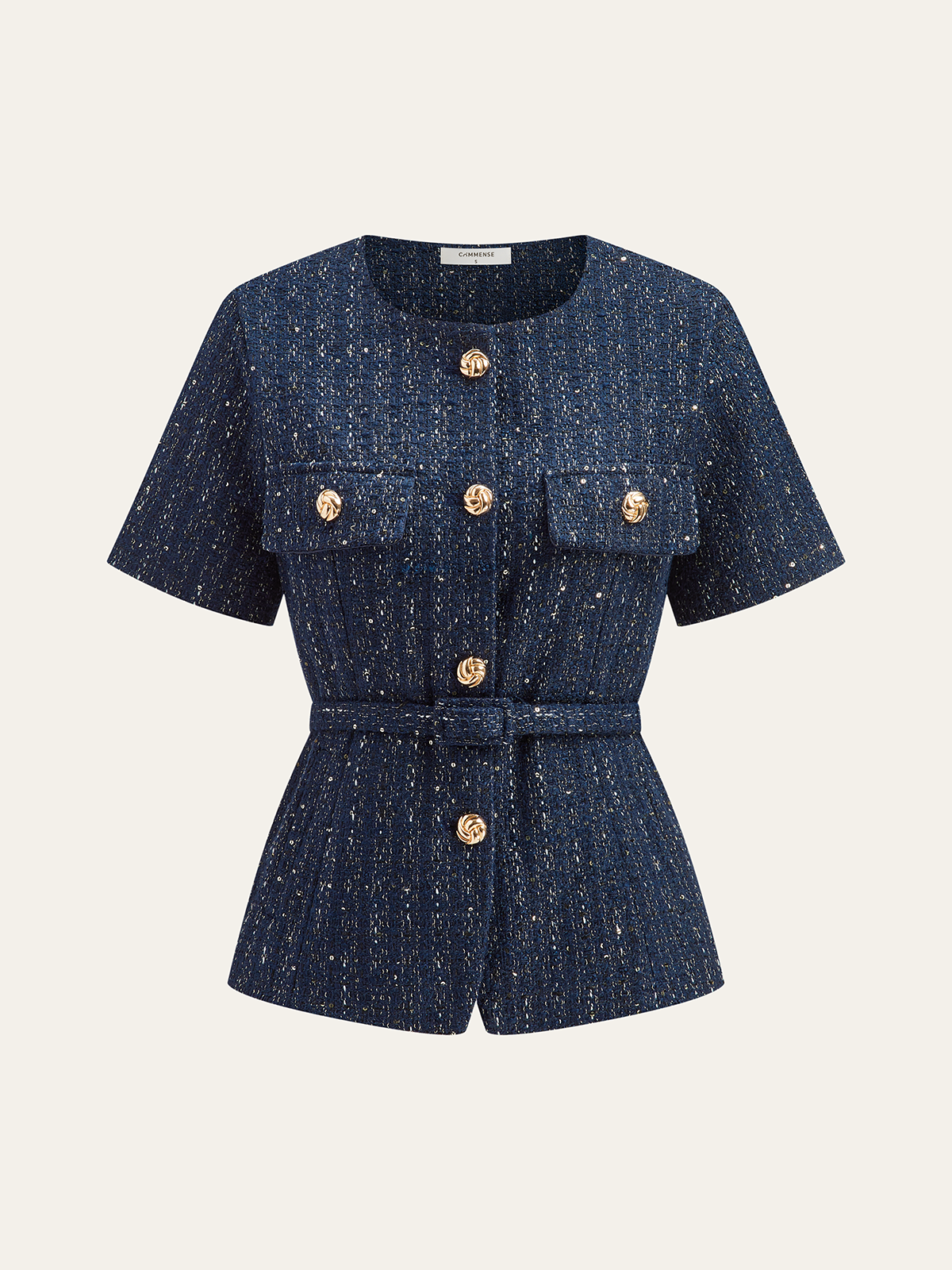 Tweed Short-Sleeved Blazer with Belt