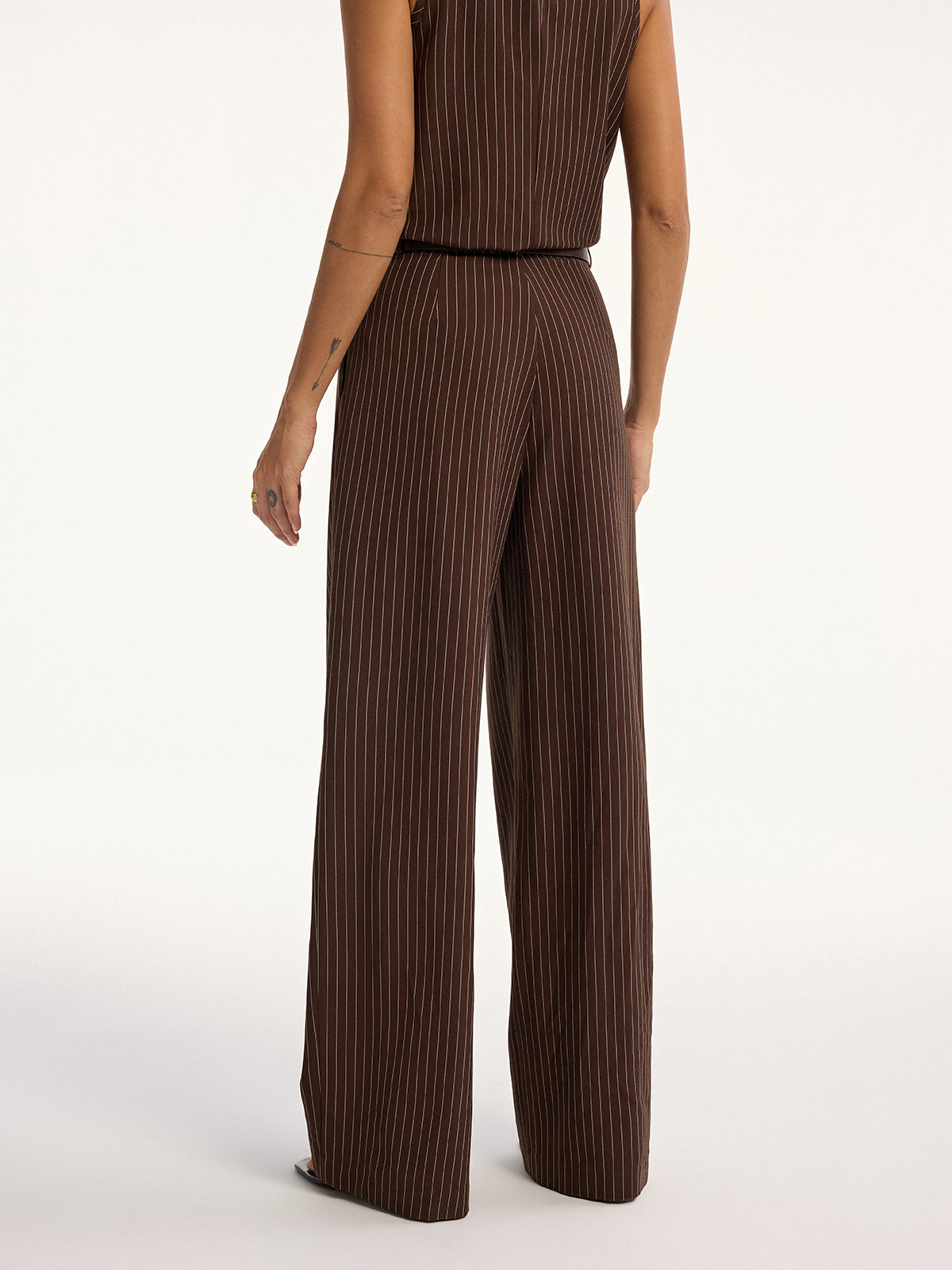 Pinstripe Sleeveless Top and Pants Set with Belt