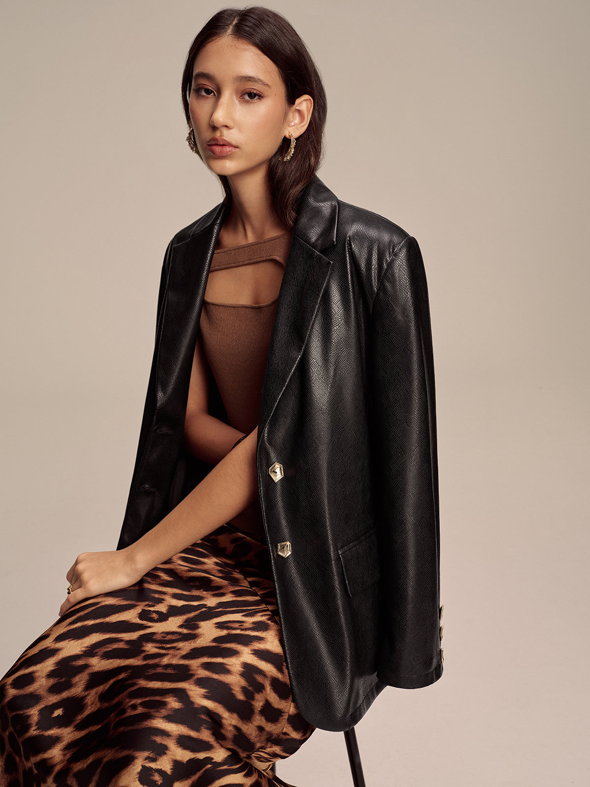 Snake Print Metal Button PU Leather Blazer