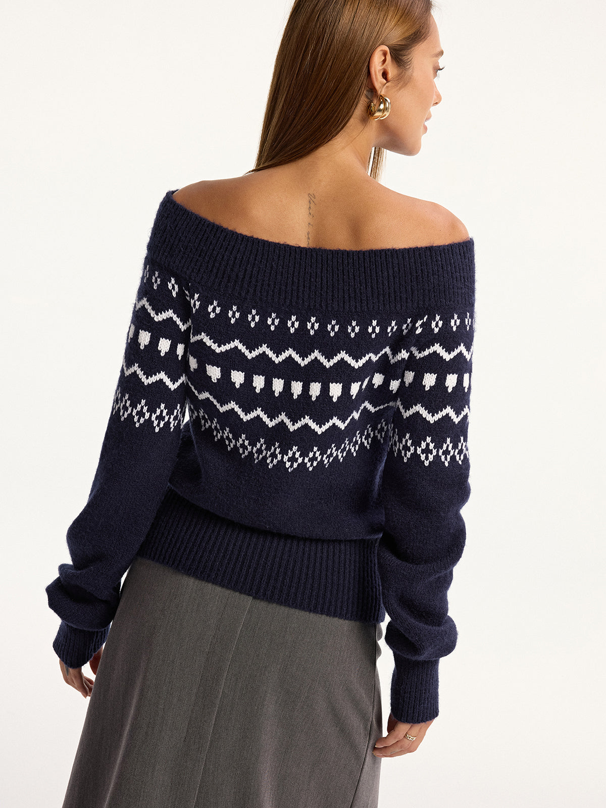 Off-Shoulder Fair Isle Knit Sweater