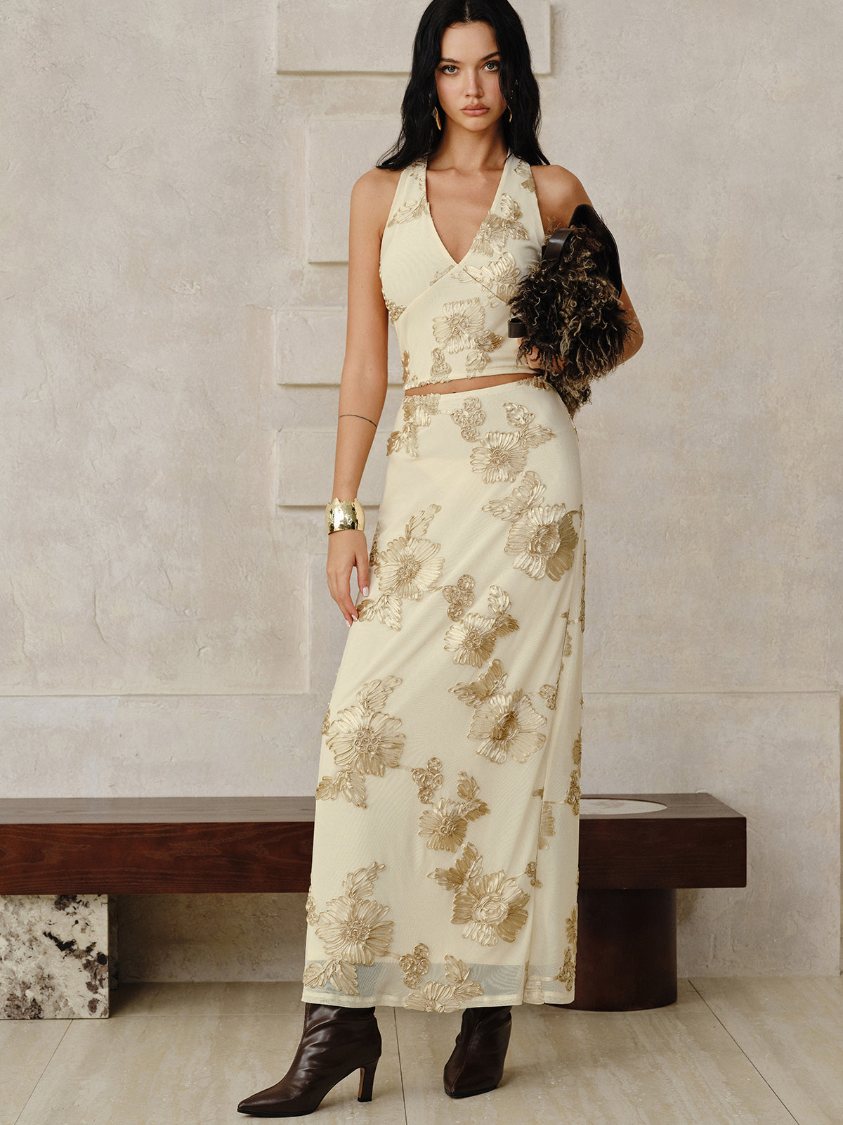 Floral Embroidered Halter Top and Skirt Set