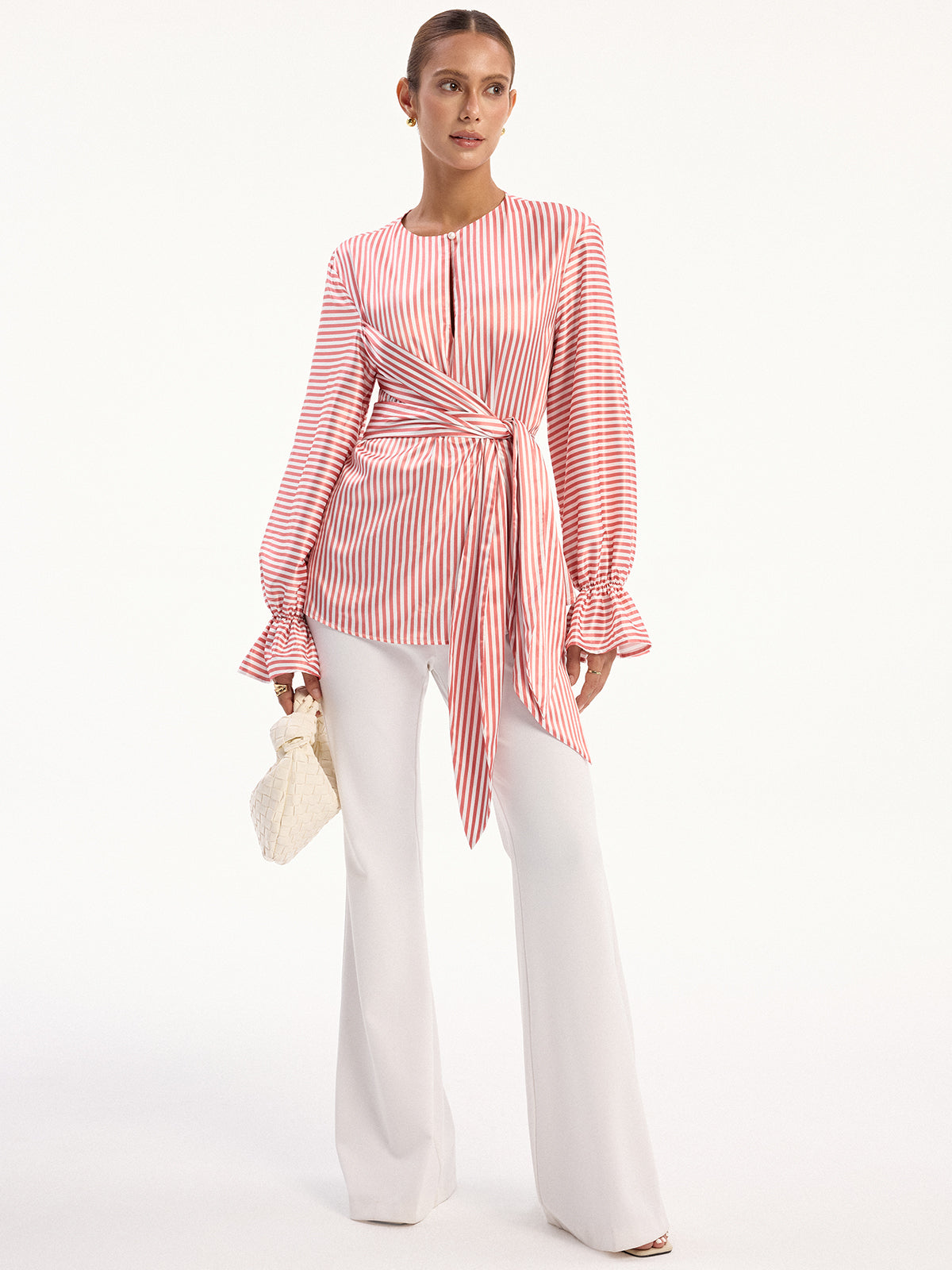 Wrap-Tie Striped Keyhole Blouse