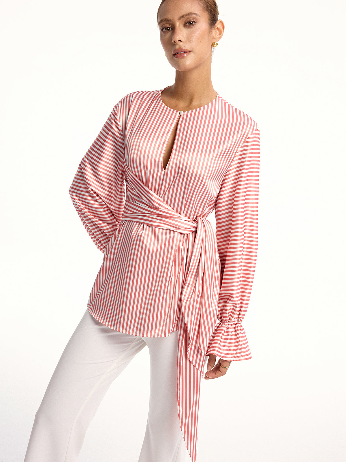Wrap-Tie Striped Keyhole Blouse