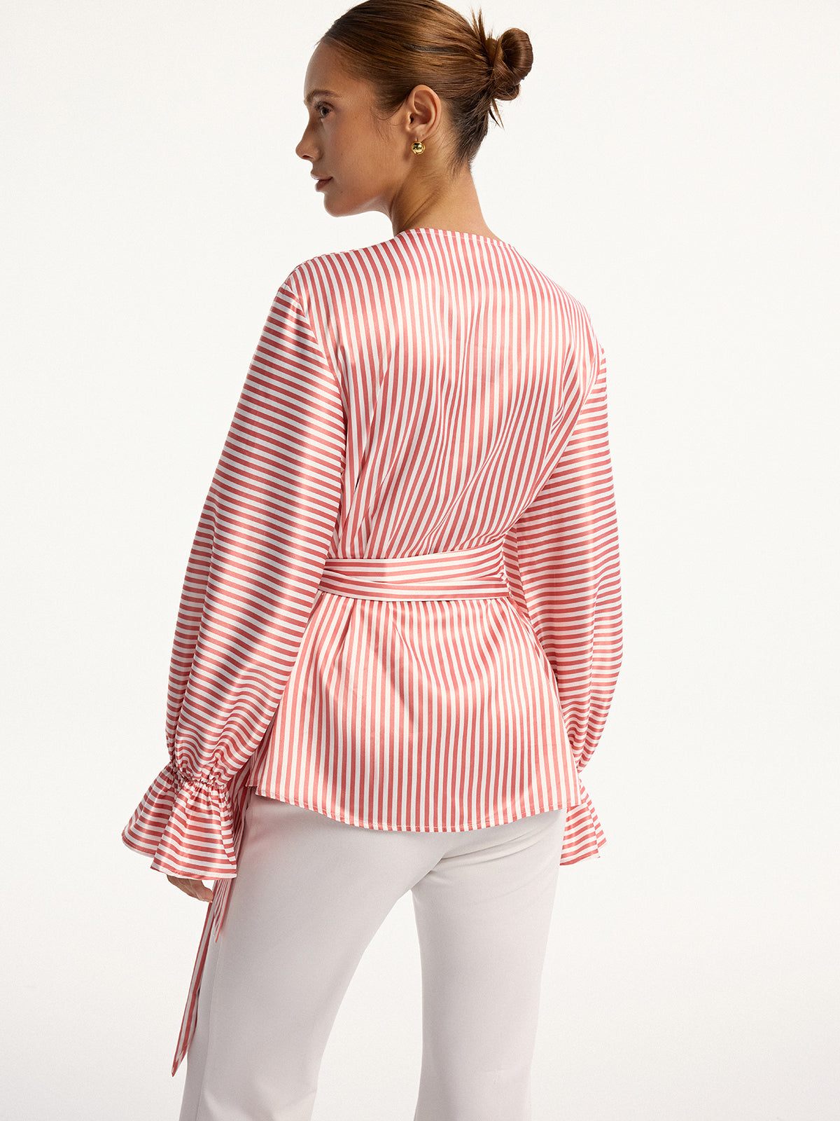 Wrap-Tie Striped Keyhole Blouse