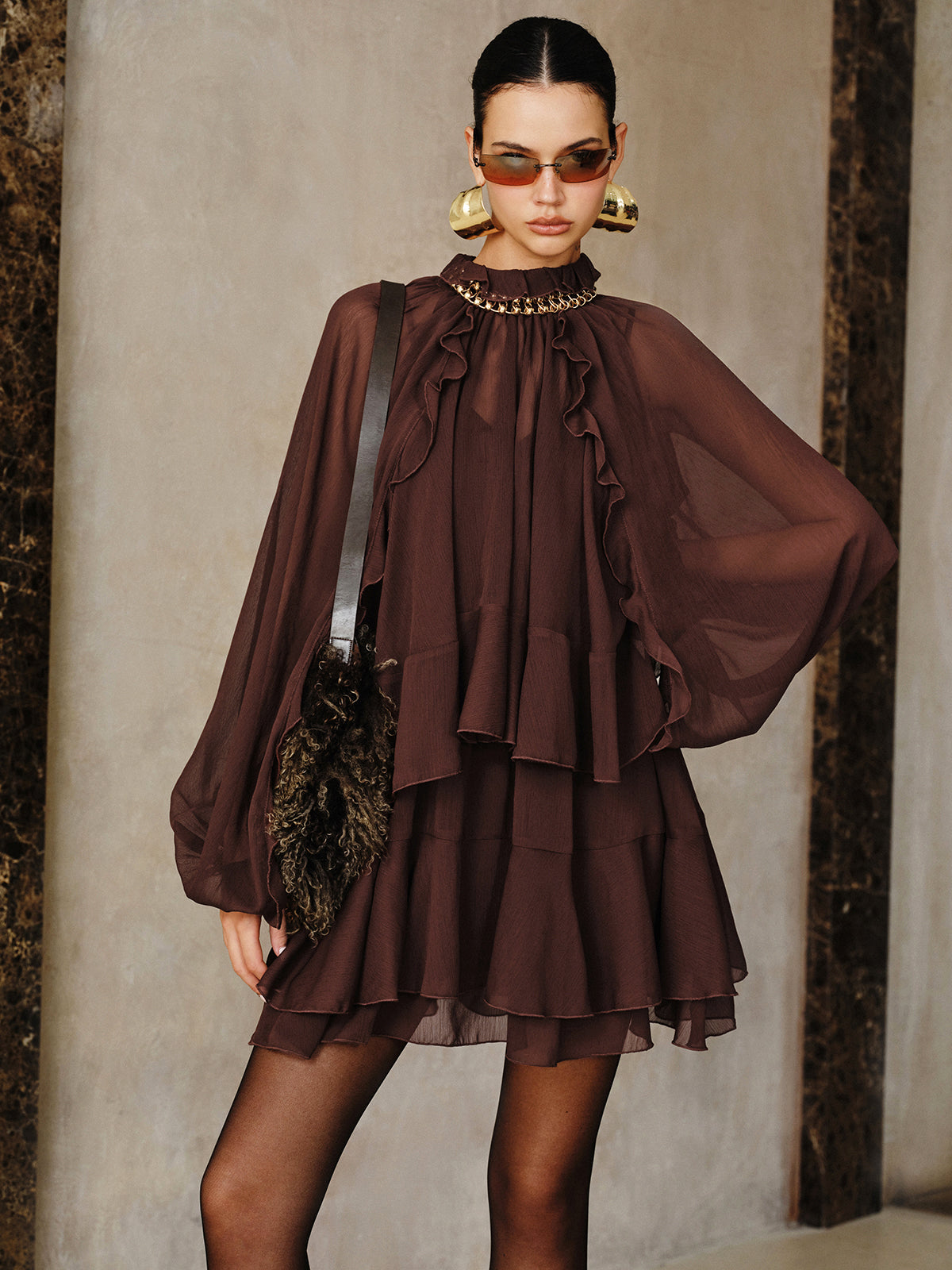 Ensemble mini-robe en mousseline à volants étagés avec doublure