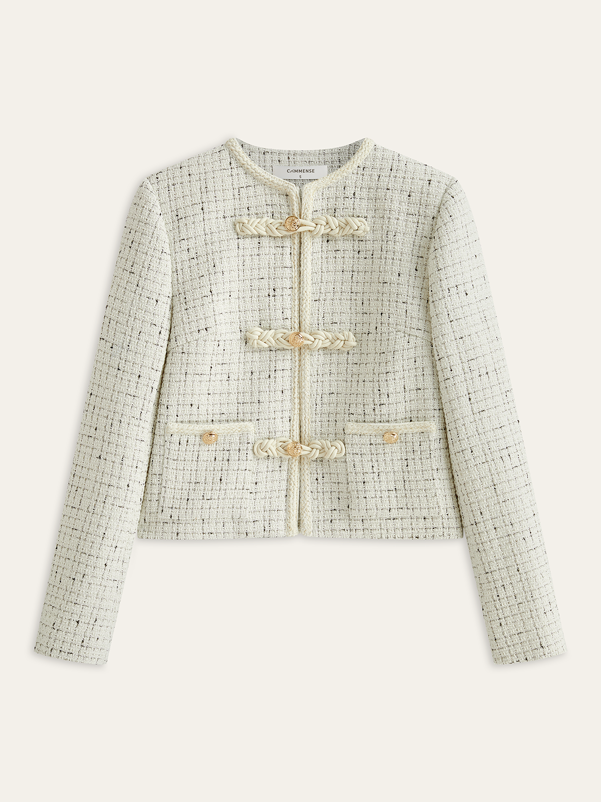 Metal Detail Knot Button Tweed Jacket